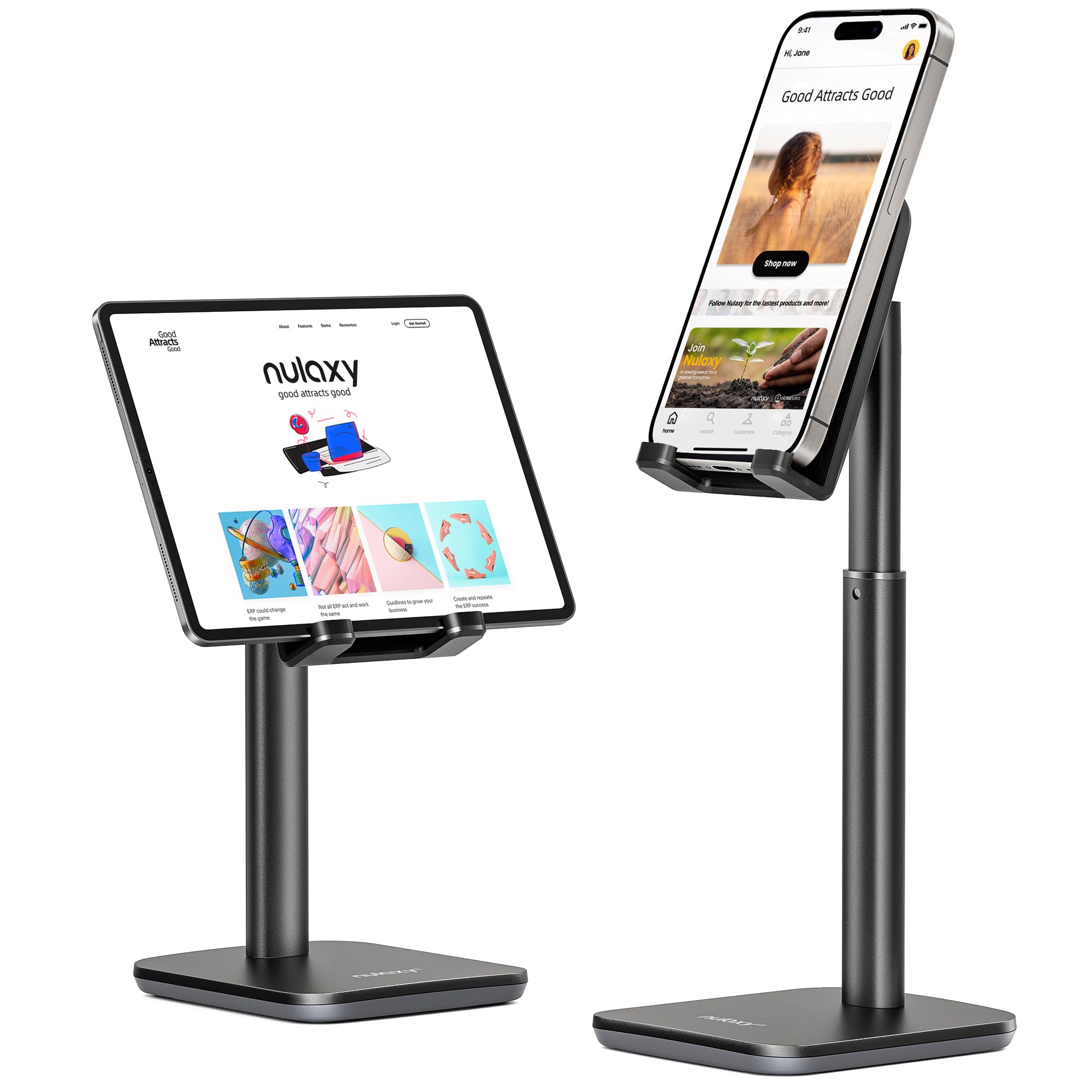 Nulaxy Adjustable Phone Stand for Desk - Height & Angle Adjustable Cell Phone Holder Compatible with iPhone 16/15/14/13/12/Mini/11 Pro/XS Max/XR/X/8/7/6/6s Plus & All 4-8 Inch Smartphones (Black) - Perfect for Work, Video Calls, Watching Movies & Hands-Free Viewing