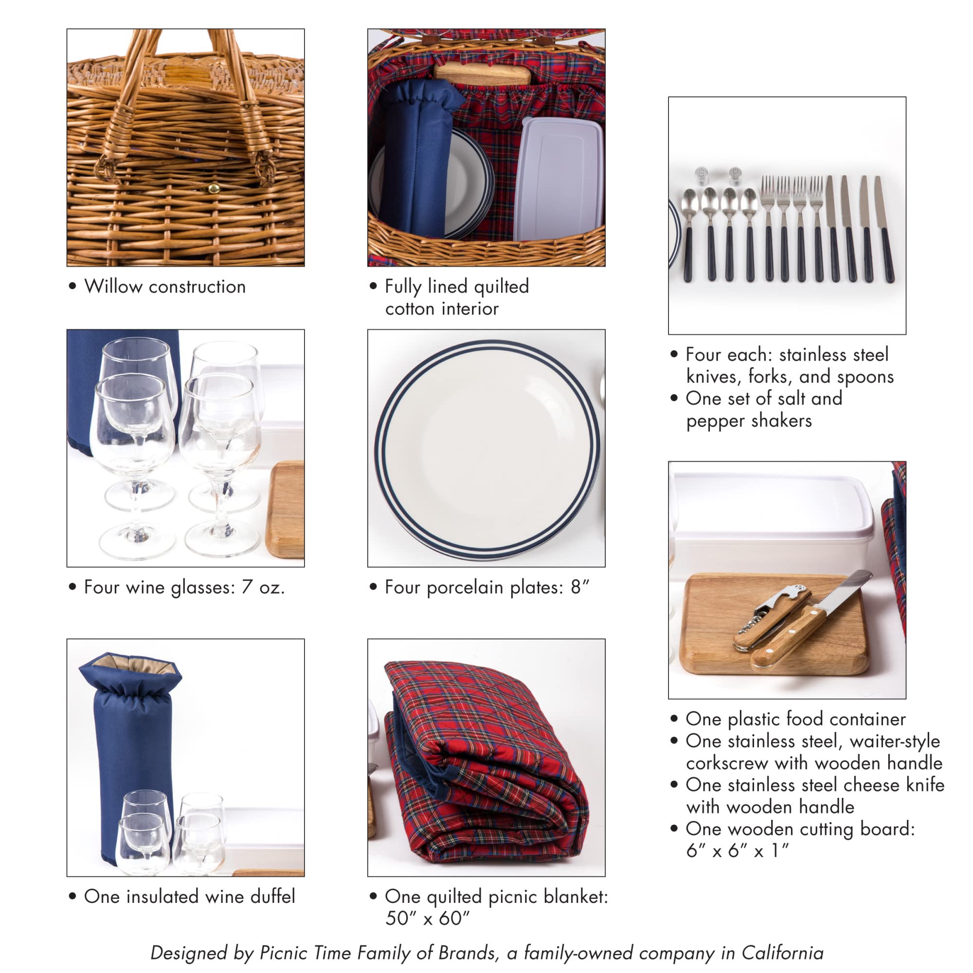 Highlander Picnic Basket with Red & Blue Tartan Pattern - Insulated Outdoor Picnic Hamper for Camping, Beach, Park & Romantic Dates