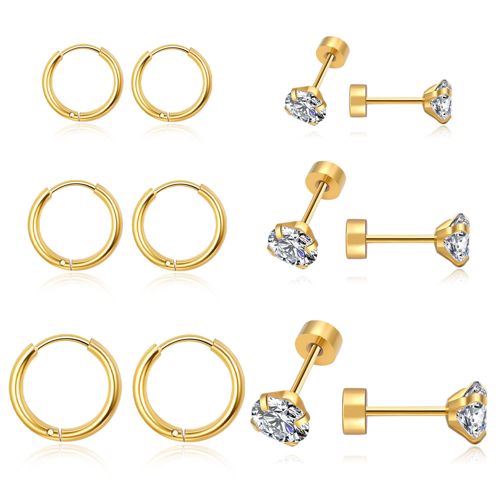10 Pairs Small Hoop Earrings for Women - Stainless Steel Hypoallergenic Flat Back Stud Earrings with Mini Ball Cartilage - Tiny Gold Hoop Earrings Set for Girls, Women & Men (2/3/4/5/6 + 8/10/12/14/16mm) - Perfect for Everyday Wear, Gifts & Pierced Ear Jewelry Collection - EXGOX