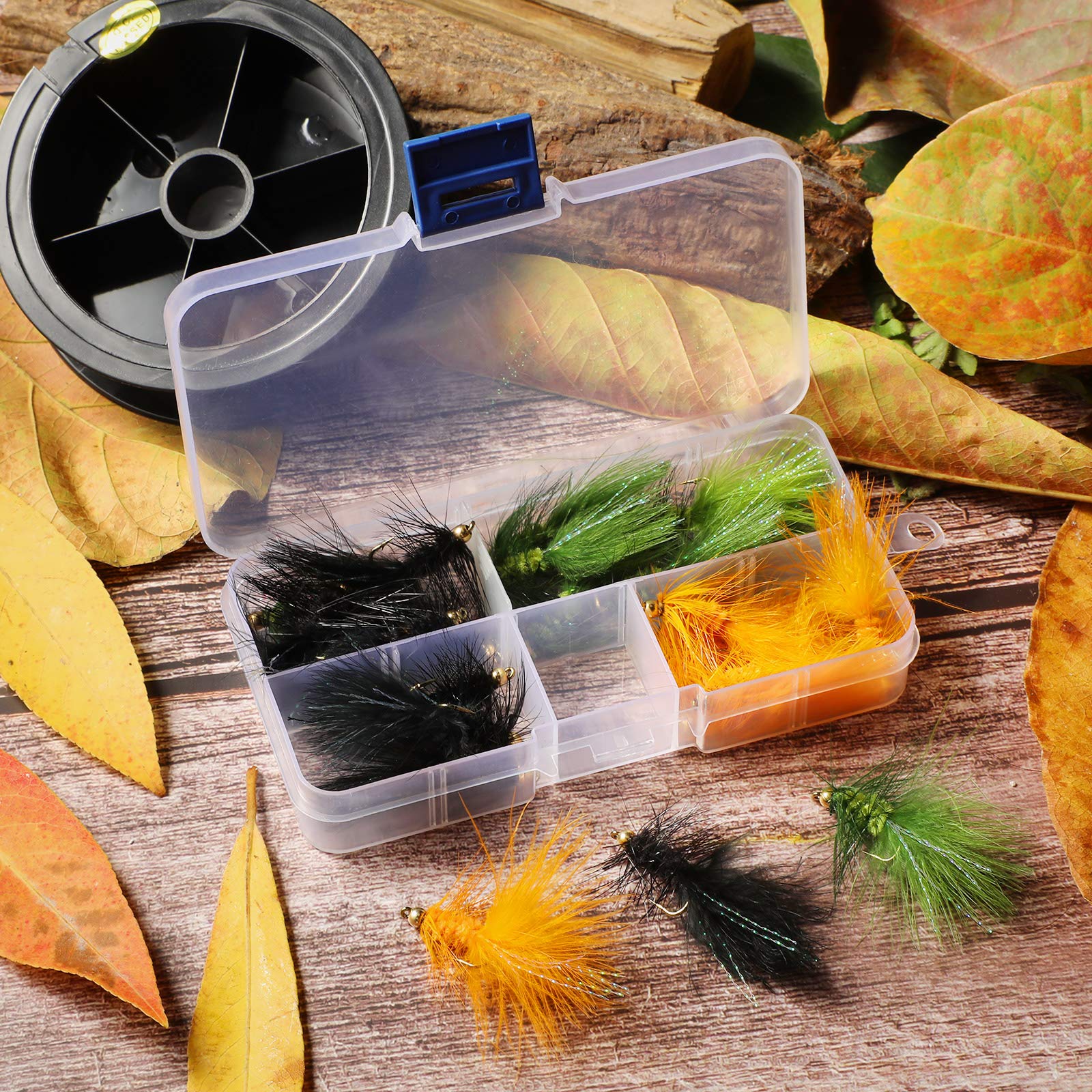 24-Piece Woolly Bugger Streamer Fly Fishing Flies Assortment - Nymph Trout Flies with Fly Box (Green, Black, Orange) - Perfect for Freshwater Trout Fishing & Fly Fishing Enthusiasts