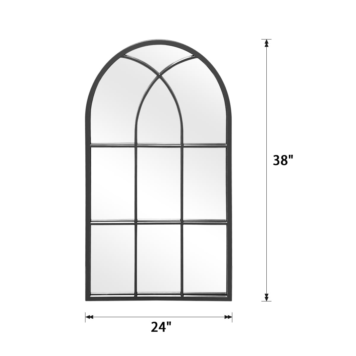 24x38 Inch Arched Wall Mirror - Black Farmhouse Bathroom Mirror with Metal Frame for Living Room & Bedroom | Elegant Windowpane Design for Home Decor & Vanity Use