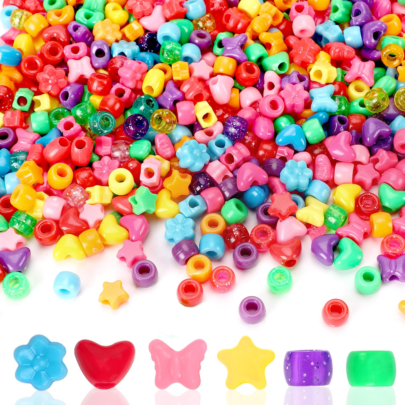 UPINS 1200 Pcs Assorted Colorful Pony Beads - Heart, Flower, Star & Butterfly Shapes for DIY Jewelry Making, Friendship Bracelets, Necklaces & Hair Accessories | Perfect for Kids Crafts, Party Favors & Creative Gift Projects