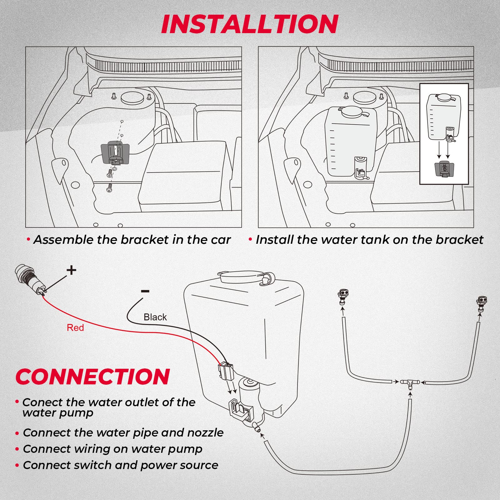 KEMIMOTO Universal 12V Car Windshield Washer Pump Kit with Fluid Reservoir Bottle & Jet Button Switch - Perfect for Off-Road Vehicles, Trucks, and SUVs