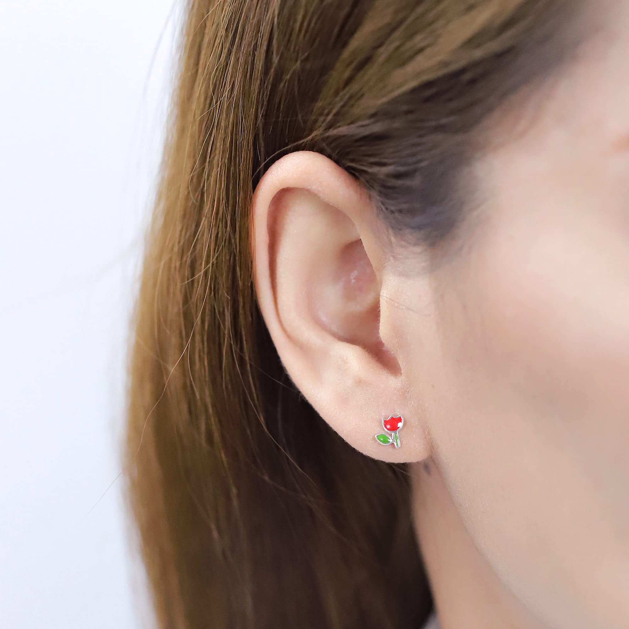 Boma Jewelry Sterling Silver Red & Green Resin Flower Stud Earrings for Women - Handmade Floral Dangle Earrings for Christmas, Party & Everyday Wear
