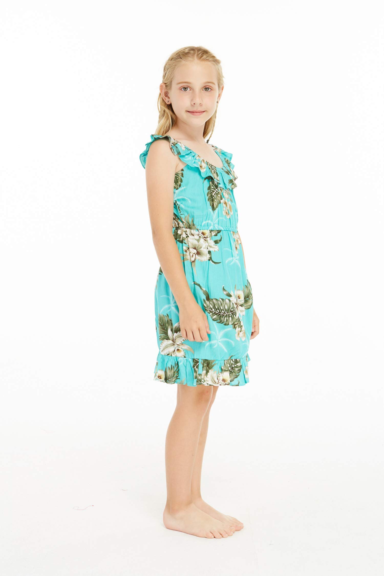 Girl's Green Palm Print Ruffle Wrap Hawaiian Luau Dress - Perfect for Beach Parties, Tropical Vacations & Summer Celebrations