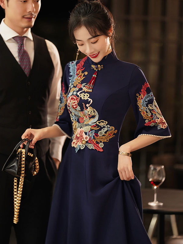 Elegant Blue and Red Bell Sleeve A-Line Wedding Qipao Cheongsam Dress for Brides, Bridesmaids & Special Occasions | Perfect for Chinese Weddings, Tea Ceremonies & Cultural Events
