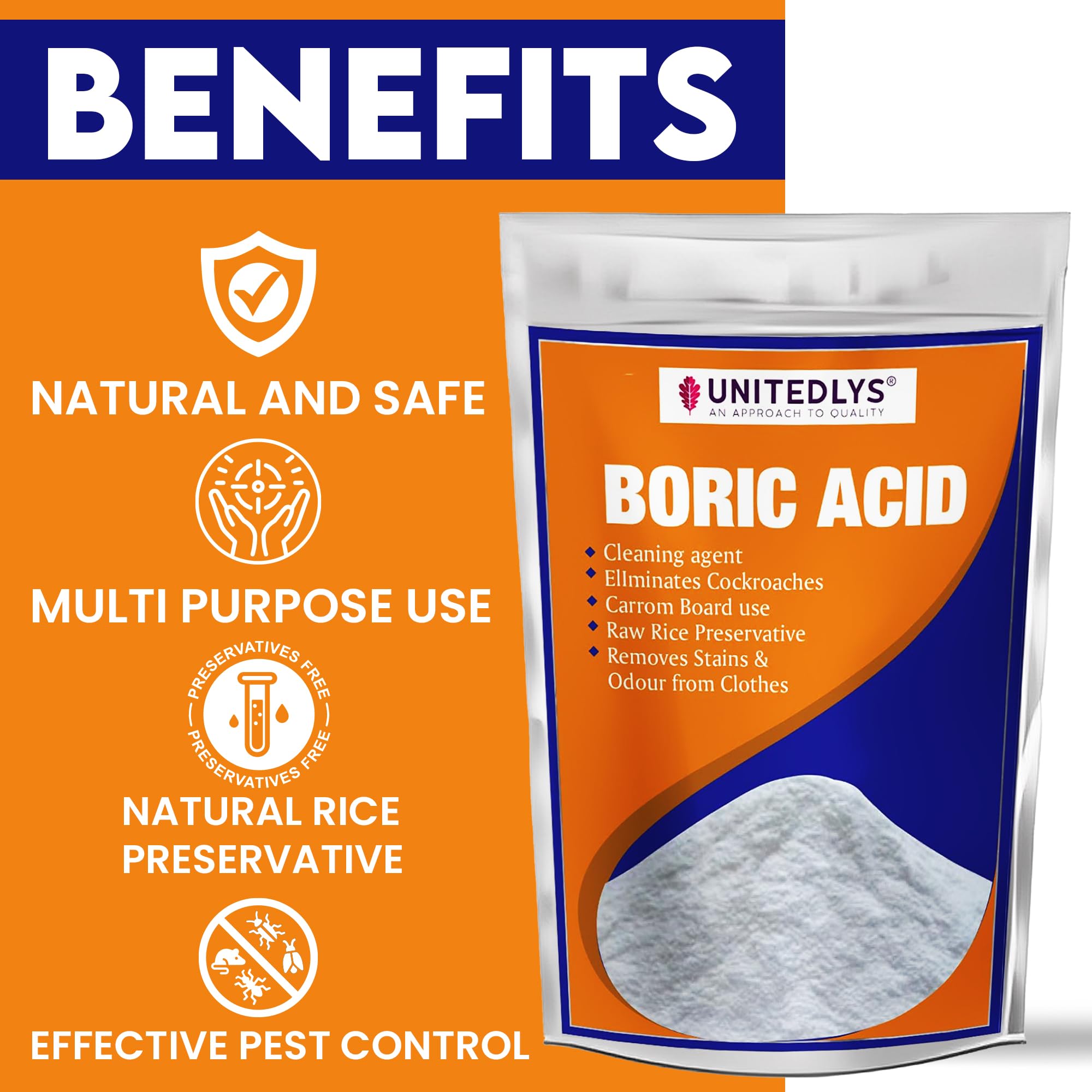 Unitedlys 100% Pure Boric Acid Powder 200G - Multi-Purpose Insecticide for Cockroaches, Ants & Pests | Natural Carrom Powder Alternative | Rice Preservation Solution | Ideal for Home, Kitchen & Garden Use