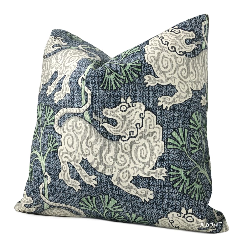 Kathmandu Navy Blue Green Chinoiserie Lion Print Pillow Cover - Decorative Throw Pillow Case for Sofa, Bed, Couch & Home Decor