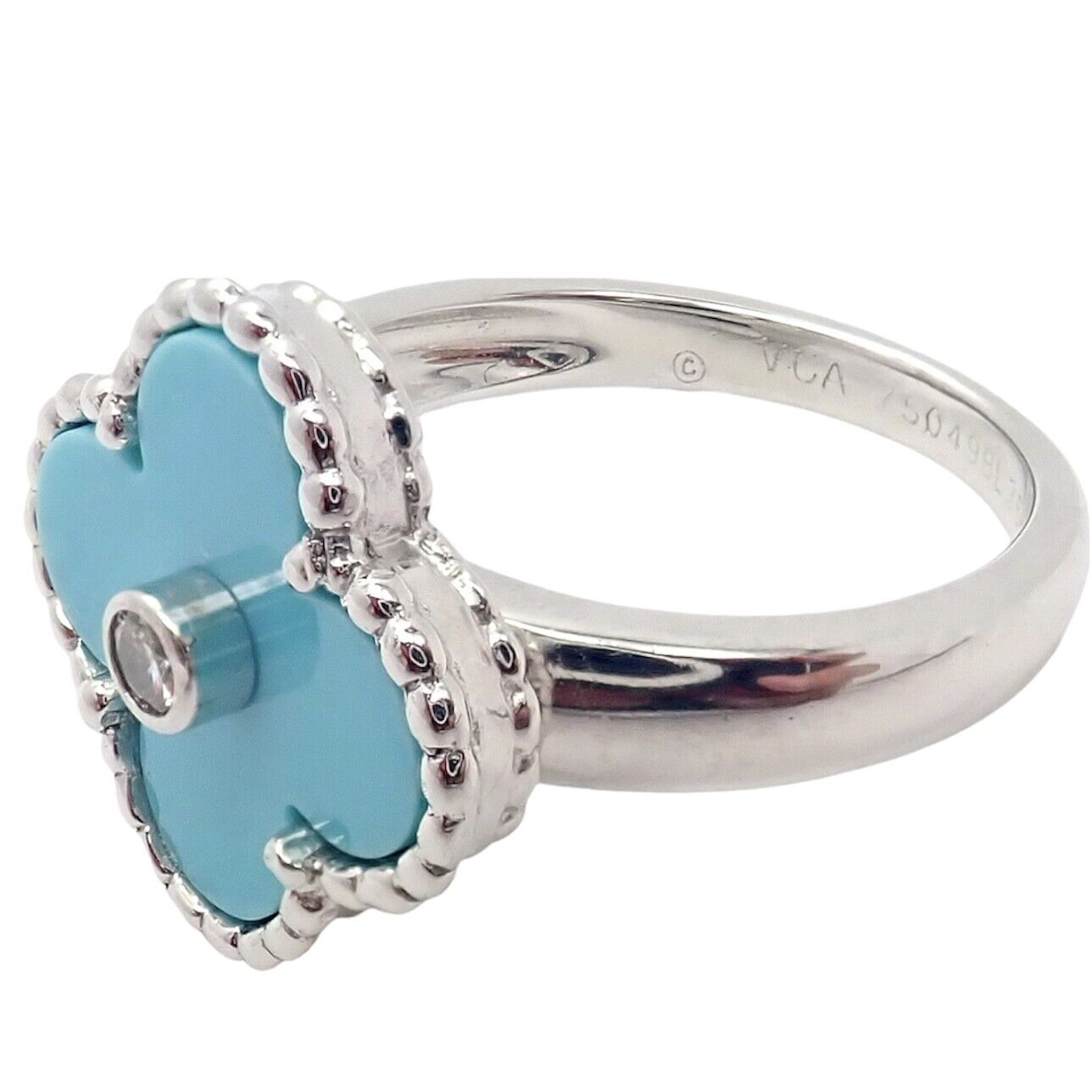 Authentic Van Cleef & Arpels Alhambra 18k Gold Diamond Turquoise Ring - Luxury Jewelry for Women, Elegant Statement Piece for Parties & Special Occasions