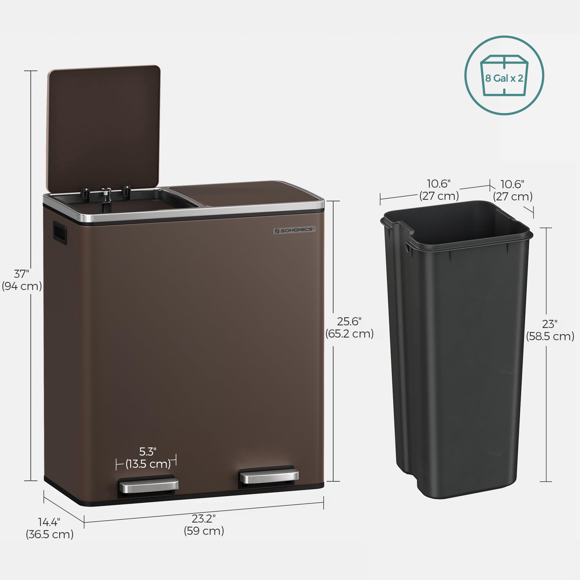SONGMICS 8 Gallon (30L) Dual Compartment Trash Can with Hinged Lids - Airtight Kitchen Garbage Bin Includes 15 Trash Bags & Plastic Inner Buckets - Brown ULTB60BR for Home, Office, and Restaurant Use