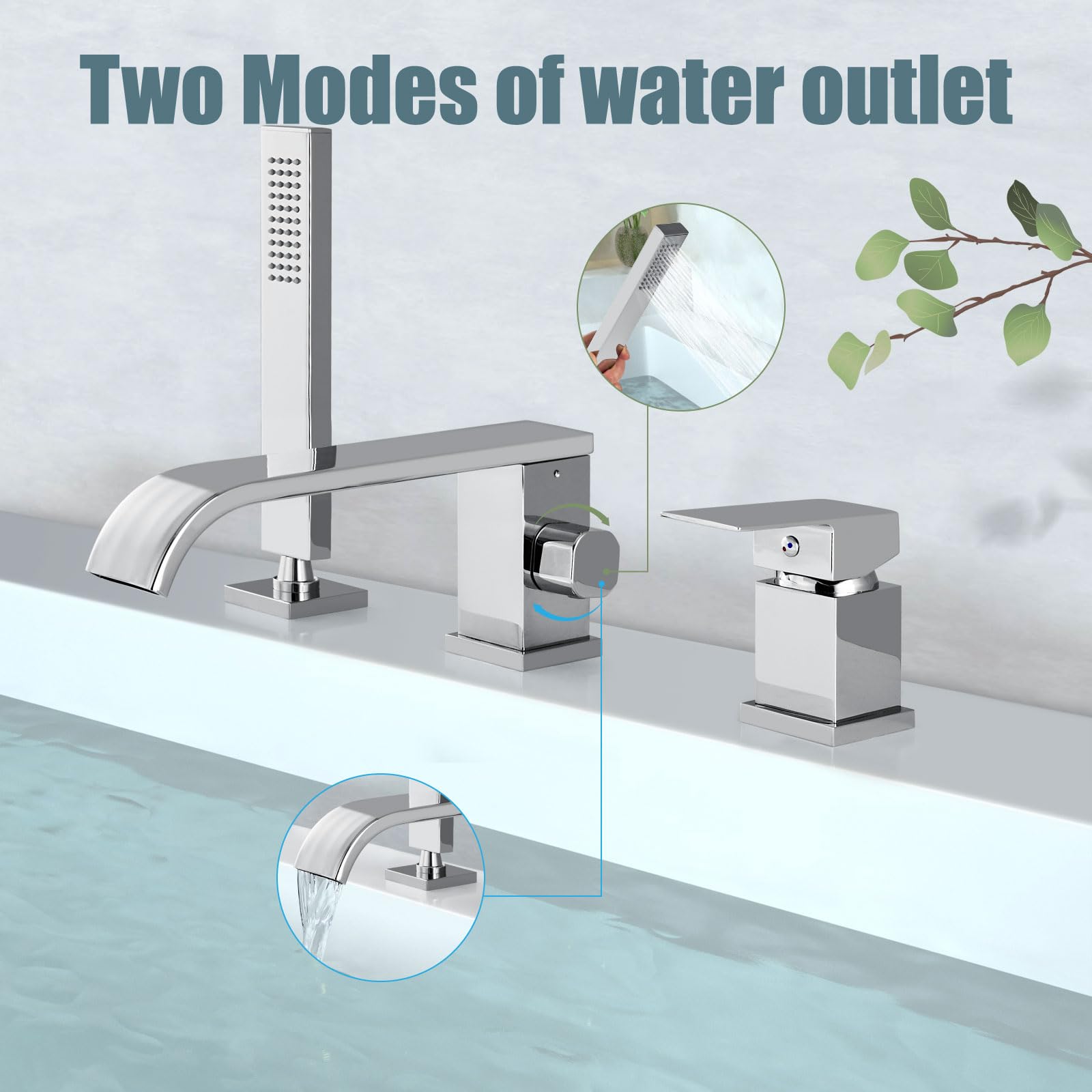 Aolemi Modern Chrome Roman Tub Faucet - Long Waterfall Spout with Handheld Shower Sprayer - 3 Hole Single Handle Deck Mount Widespread Bathroom Faucet - Perfect for Luxury Bathtubs, Spa Bathrooms and Roman Style Bathroom Renovations