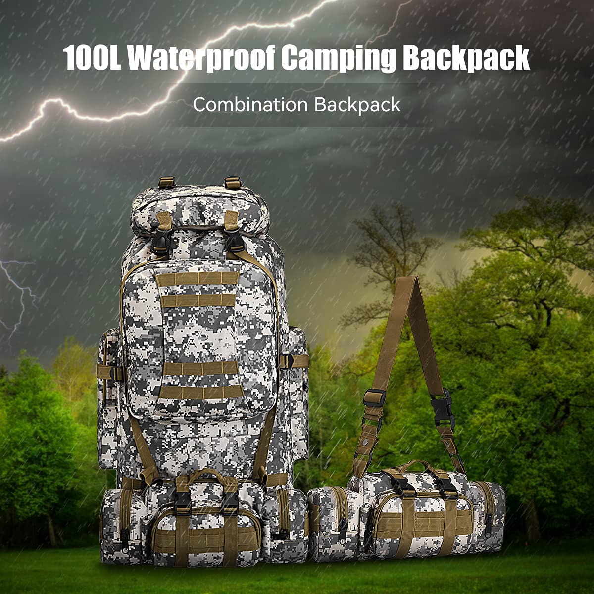 100L Waterproof Lightweight Camping & Hiking Backpack - Molle Military Tactical Rucksack for Outdoor Adventures, Travel & Survival Gear (City Camo) - Perfect for Camping Trips, Hiking Expeditions and Tactical Missions