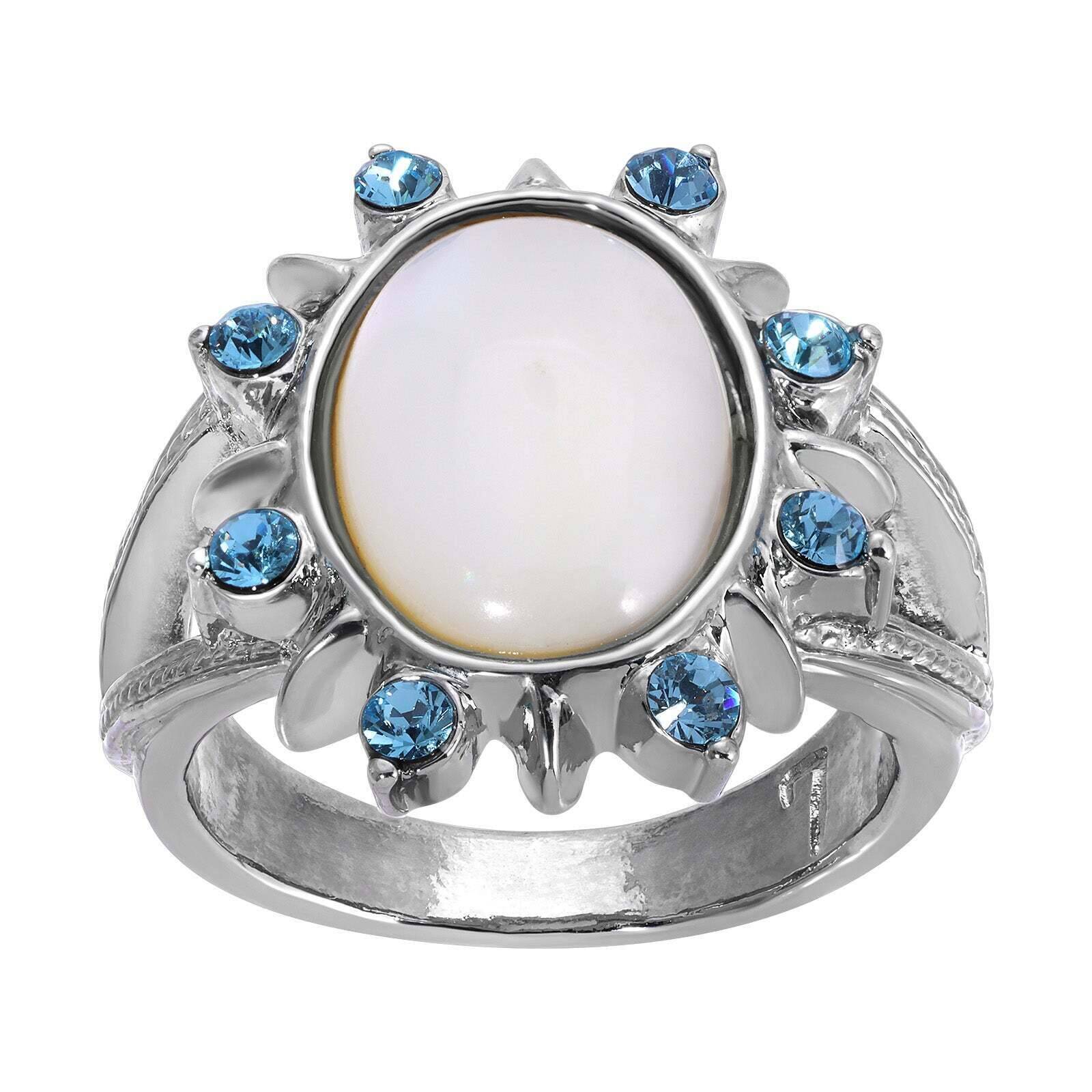 1928 Jewelry Aquamarine Crystal & Mother of Pearl Ring - Size 7 - Elegant Vintage Style for Weddings, Parties & Special Occasions