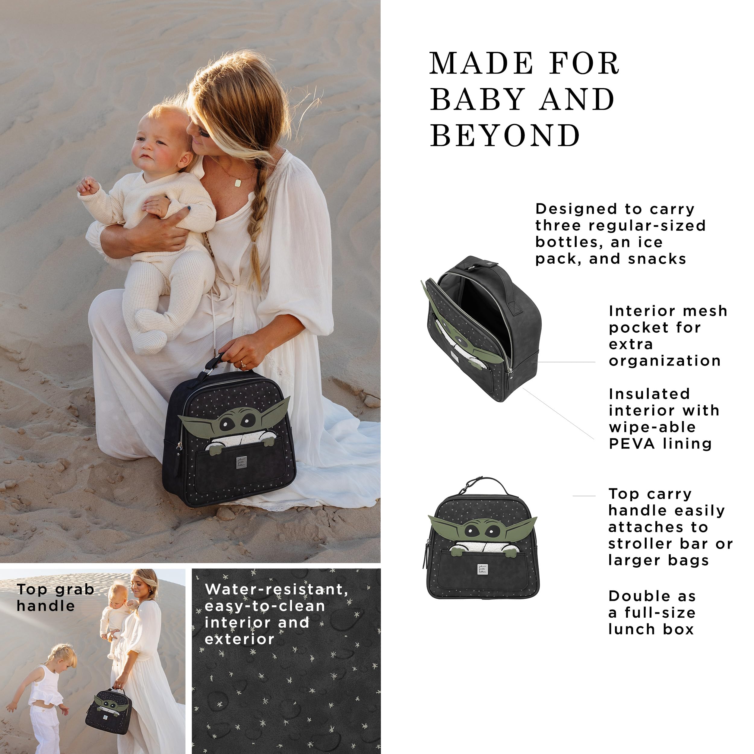 Petunia Pickle Bottom Insulated Tandem Bottle & Lunch Tote - Holds 3 Bottles, Snacks & Wireless Pump - Easy to Clean Disney Star Wars The Child Design - Perfect for Daycare, Travel & Work Commutes