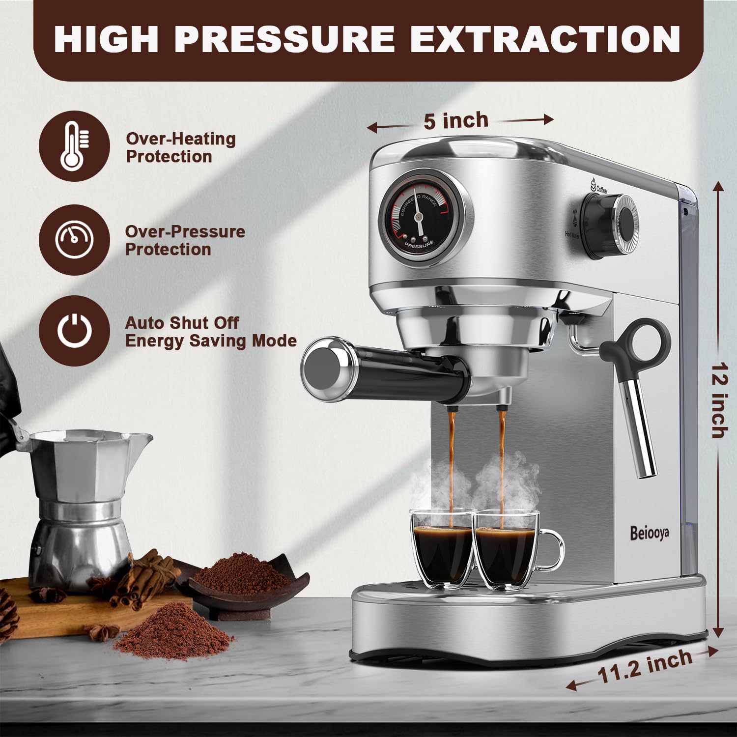 Beiooya 20 Bar Espresso Machine with Milk Frother - Professional Stainless Steel Coffee Maker for Home, 37oz Water Tank - Perfect for Cappuccino, Latte & Espresso - Ideal Gift for Coffee Lovers (Mom, Dad) - Great for Home Brewing, Entertaining & Gifting