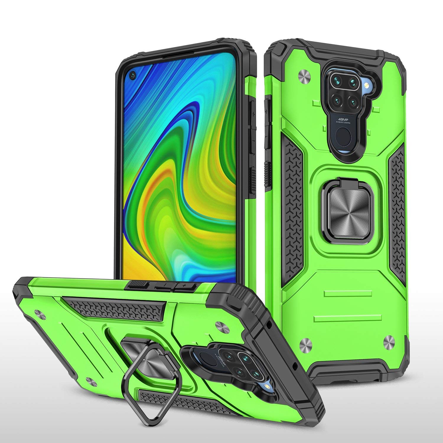 ZUKKY Military Grade Shockproof Case for Xiaomi Redmi Note 9 with 360° Rotating Metal Ring Kickstand - 6.53 Inch Protective Phone Cover (Green) - Perfect for Outdoor Activities, Travel, and Daily Protection