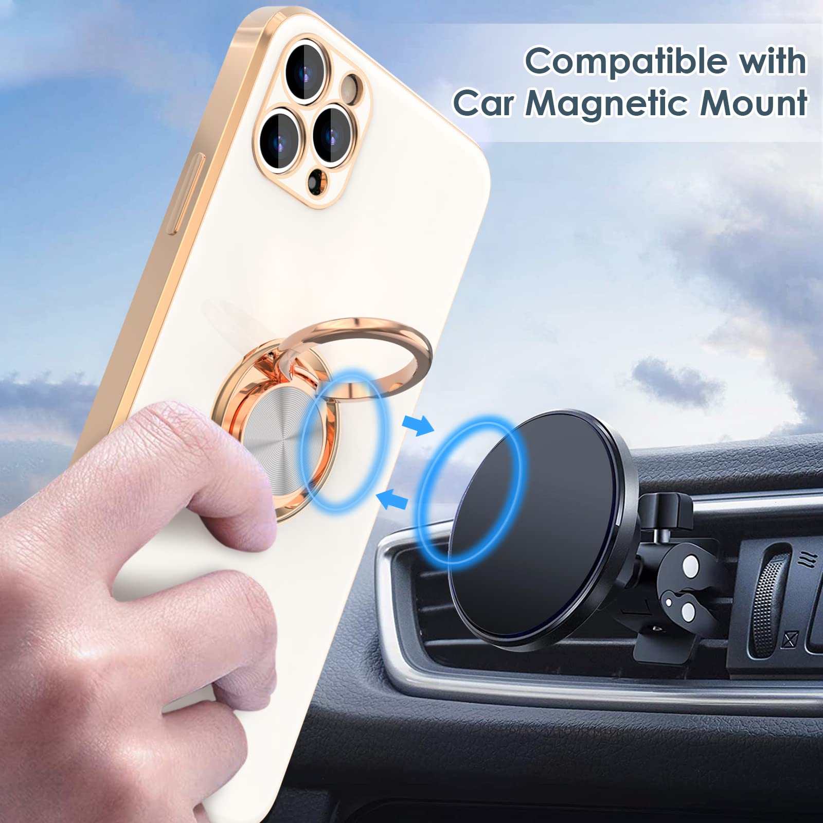Hython iPhone 11 Pro Max Case with 360° Rotatable Ring Stand - Rose Gold Plated Magnetic Kickstand Cover | Slim Soft TPU Protective Phone Case for Women & Men (White) | Perfect for Work, Travel & Hands-Free Viewing