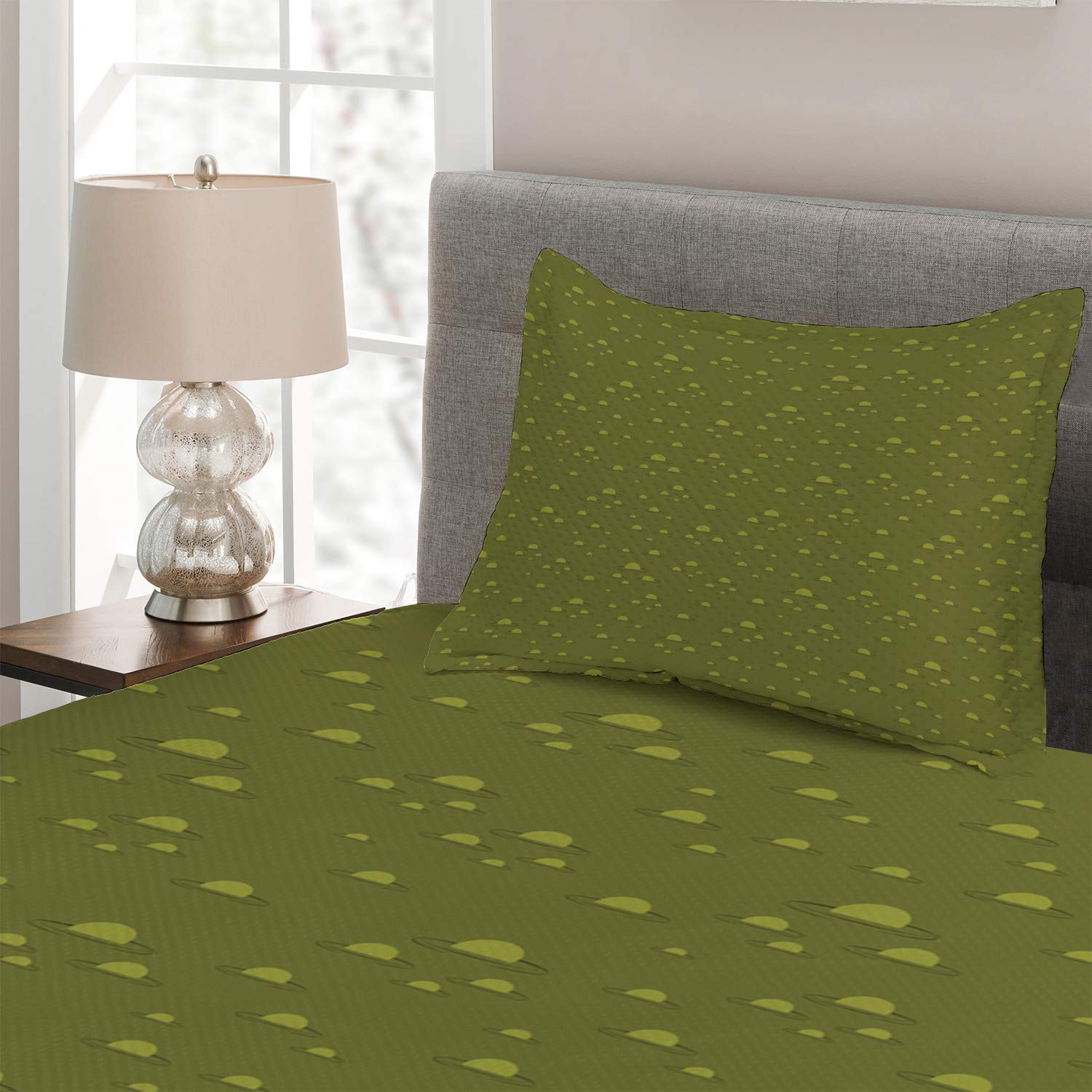 Lunarable Moss Green Coverlet Set - Swamp Pattern with Bubbles Nature Eco Theme, 2-Piece Quilted Bedspread with Pillow Sham, Twin Size in Forest Green & Pale Green | Perfect for Bedroom Decor, Guest Room, and Eco-Friendly Home Styling