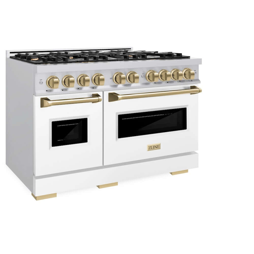 ZLINE Autograph Edition 48-Inch 6.7 cu. ft. Stainless Steel Dual Fuel Range - 8 Burner Gas Cooktop with White Matte Doors & Champagne Bronze Accents | Professional Kitchen Appliance for Home Chefs & Entertaining