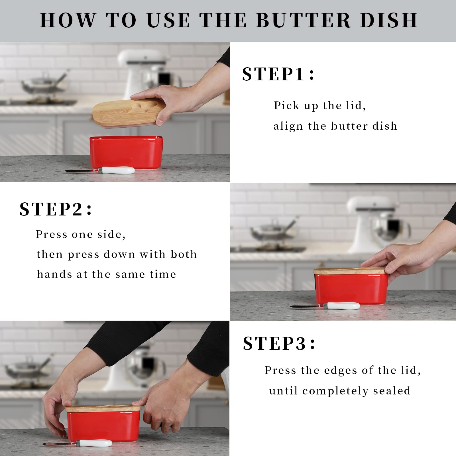 Premium Large Ceramic Butter Dish with Silicone Seal - Natural Wood Lid & Stainless Steel Butter Knife - Elegant Kitchen Decor & Practical Countertop Butter Keeper - Perfect Housewarming Gift (Red) - Ideal for Breakfast Tables, Bakeries & Farmhouse Kitchens