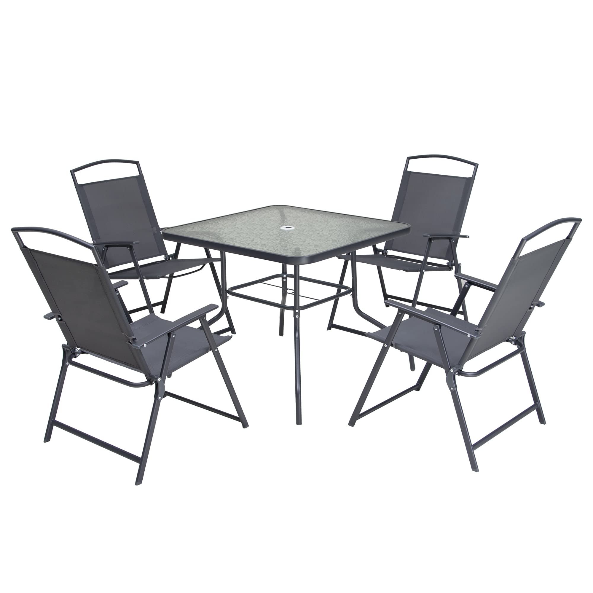 5-Piece Outdoor Dining Set - VredHom Patio Table & 4 Folding Chairs with Square Glass Top & Umbrella Hole - Durable Metal Furniture for Balcony, Porch, Deck, Lawn, Backyard - Perfect for Outdoor Entertaining & Relaxing (Grey)