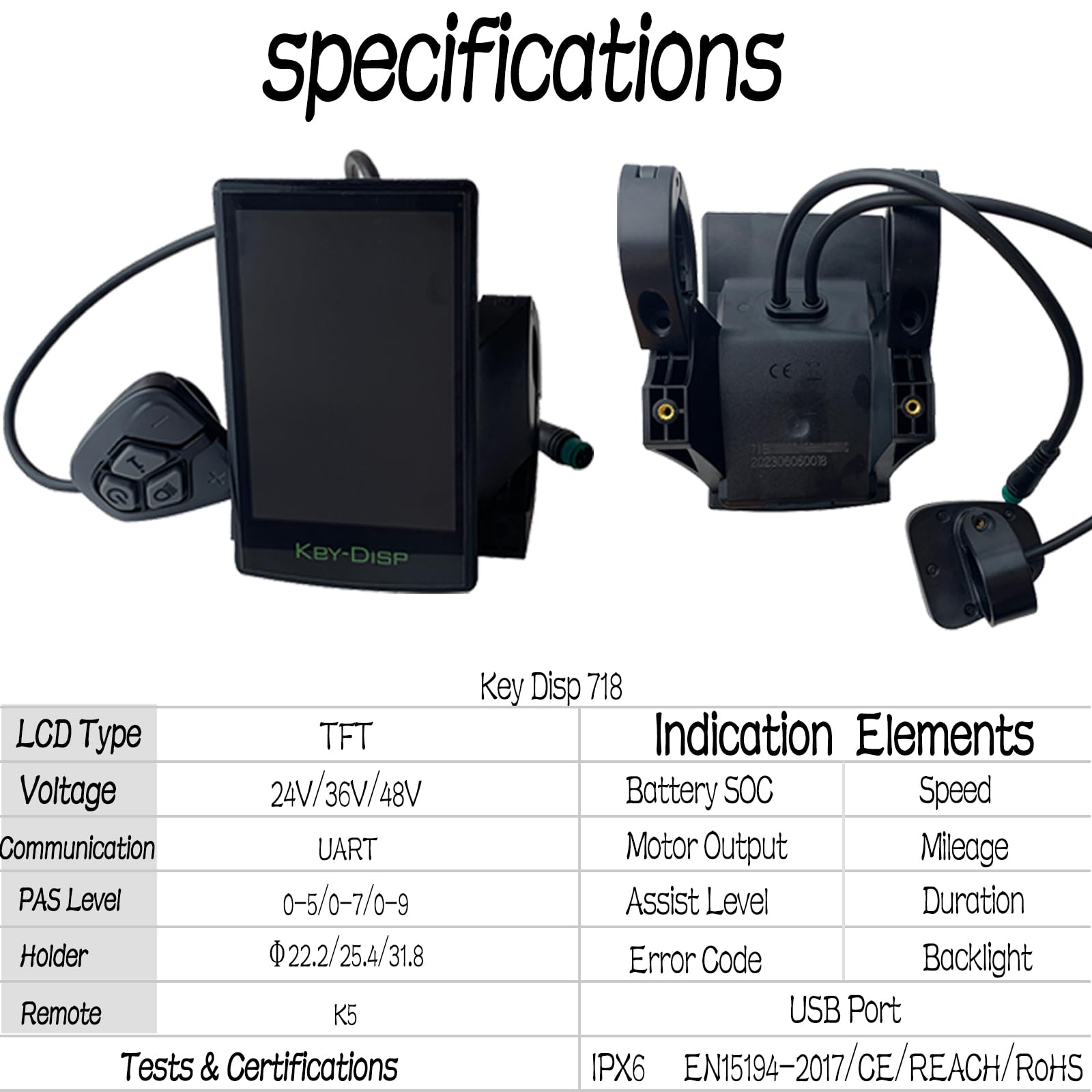 NULKOMMA Electric Bike LCD Display Meter Key-DISP KD718 - 36V/48V TFT Speedometer for E-Bike & Scooter - Waterproof E-Bike Computer Conversion Kit - Perfect for Commuting, Off-Road & City Riding