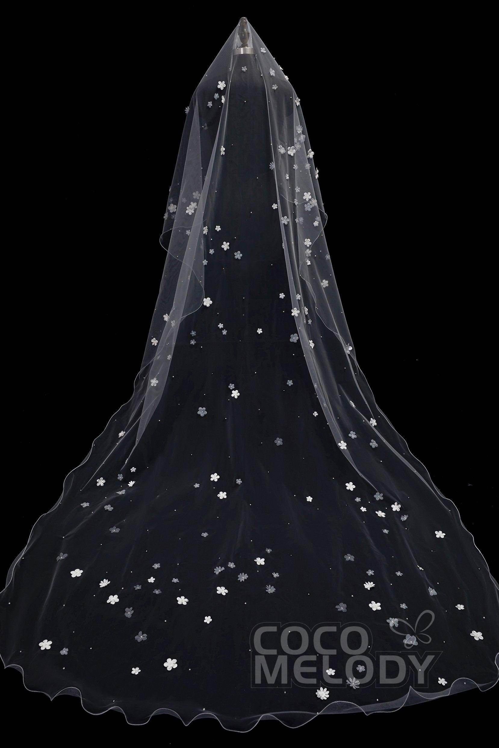 Elegant One-Tier Cut Edge Tulle Chapel Veil with Flower Pearls - Perfect for Weddings, Bridal Showers & Formal Events (AV18018)