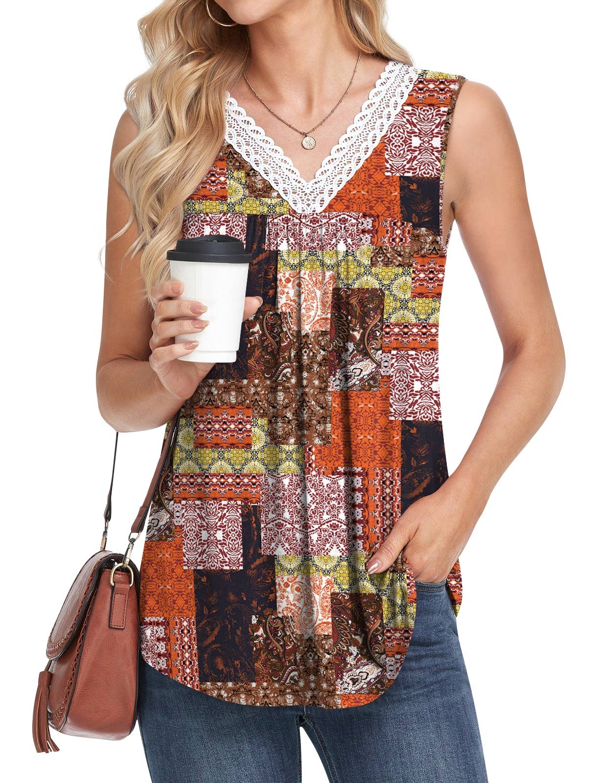 ALIGADUO Women's Summer V-Neck Lace Collar Casual Sleeveless Loose Pleated Tunic Top - Breathable Comfort for Beach, Vacation & Everyday Wear