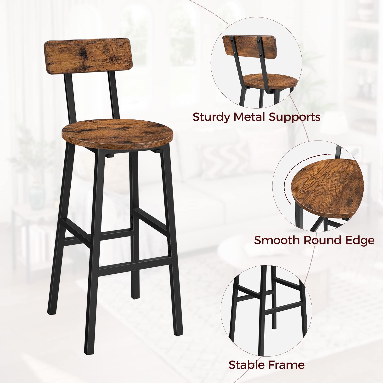 Set of 2 Rustic Brown Bar Stools with Back & Footrest - 24.4 Inch Round Counter Height Stools for Kitchen, Dining Room, Bar - Perfect for Breakfast Nooks, Home Bars & Kitchen Islands