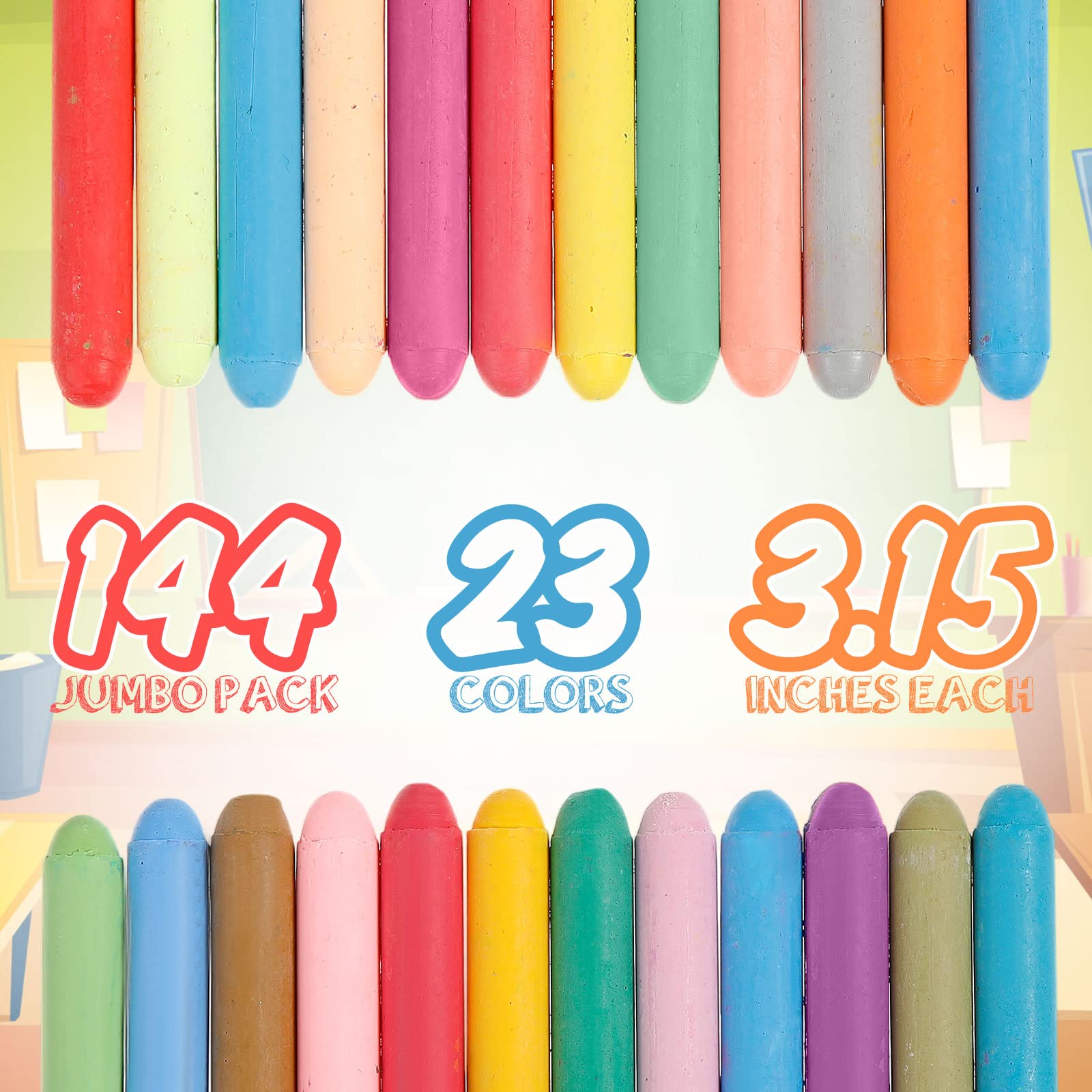 Harloon 144 Pcs Dustless Chalk Set with Eraser - Non-Toxic Colored & White Chalkboard Chalk for Teachers, Classroom, School Supplies - Perfect for Blackboard Drawing, Writing & Educational Activities (Multicolor)