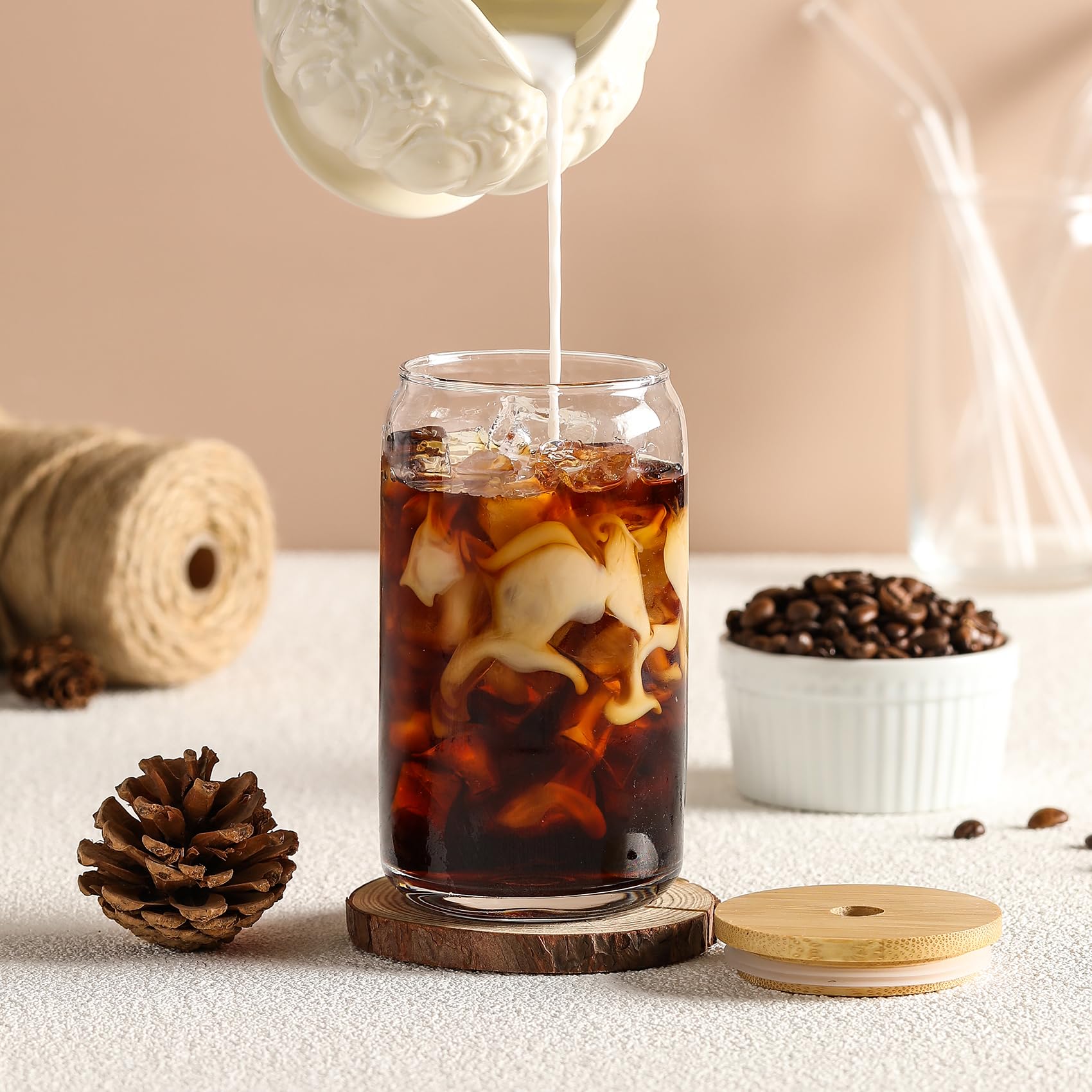 12-Piece Glass Cups Set with Bamboo Lids & Glass Straws - 16oz Beer-Shaped Drinking Glasses for Iced Coffee, Smoothies, Boba Tea, Whiskey & Water - Includes 4 Cleaning Brushes - Perfect for Home, Office, Parties & Gifts