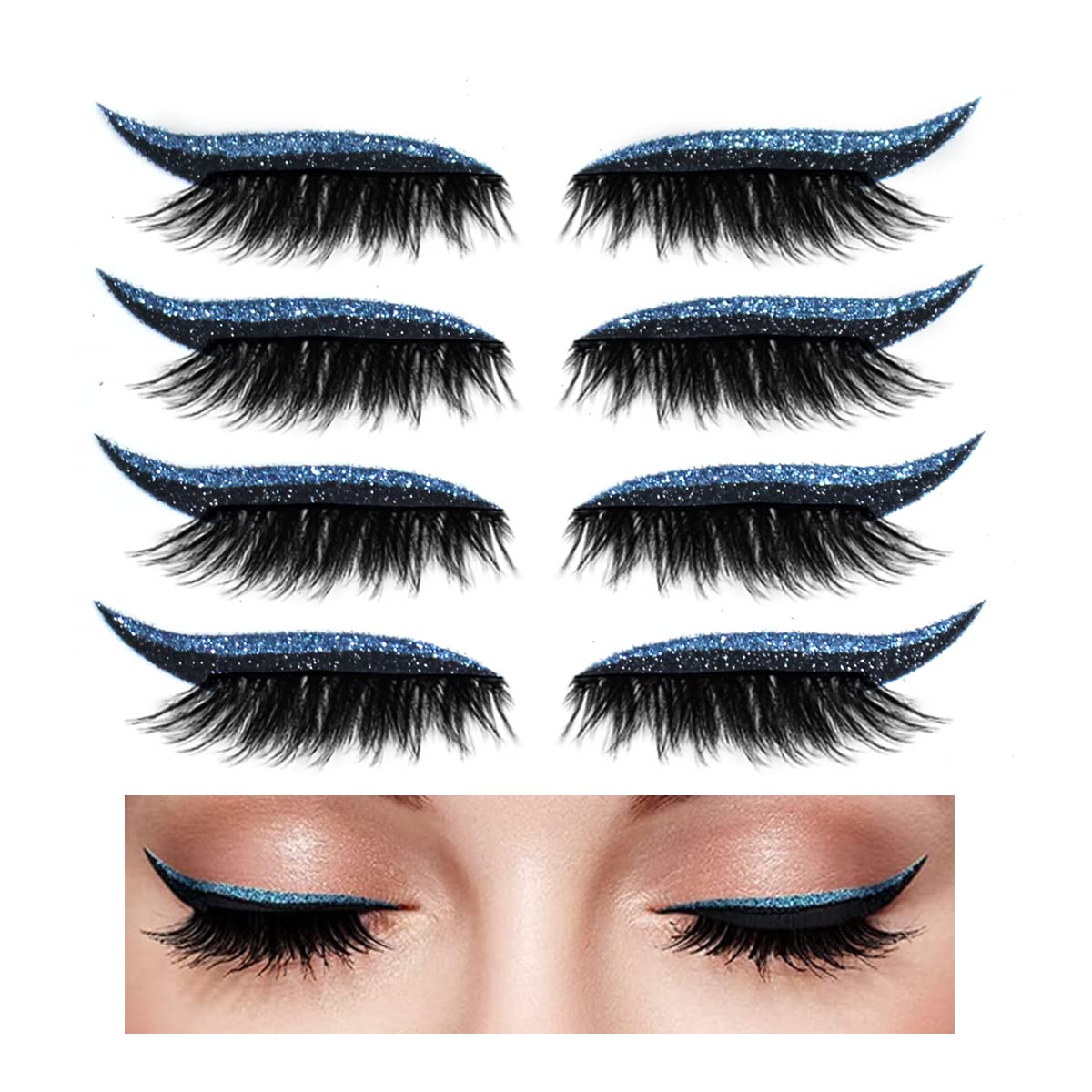 Reusable False Eyelashes & Eyeliner Stickers - Natural Waterproof Makeup Stickers for Women, 4 Pairs (E117, Blue) - Perfect for Parties, Weddings & Daily Glam Looks