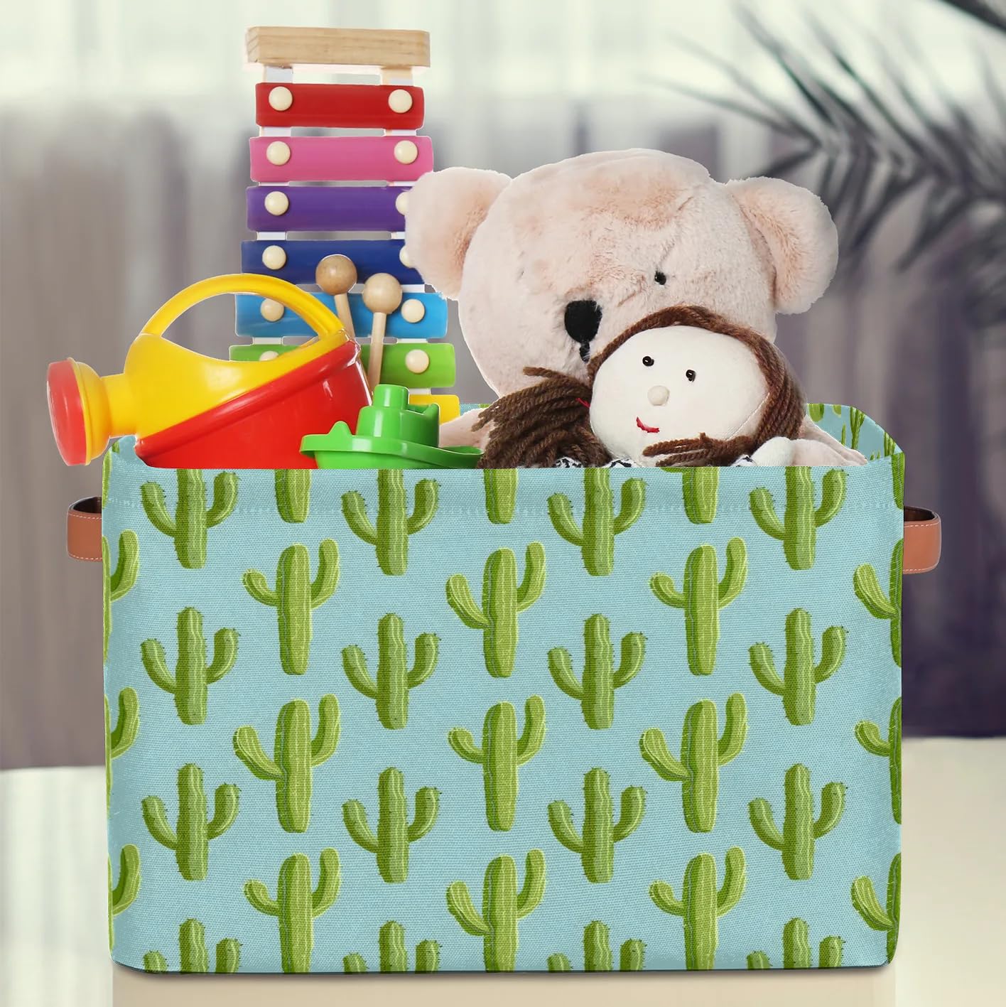 Green Cactus Large Storage Baskets - 2 Pack Fabric Closet Organizers with Handles, Decorative Collapsible Shelving Bins for Home Organization | Perfect for Clothes, Toys & Bedroom Storage