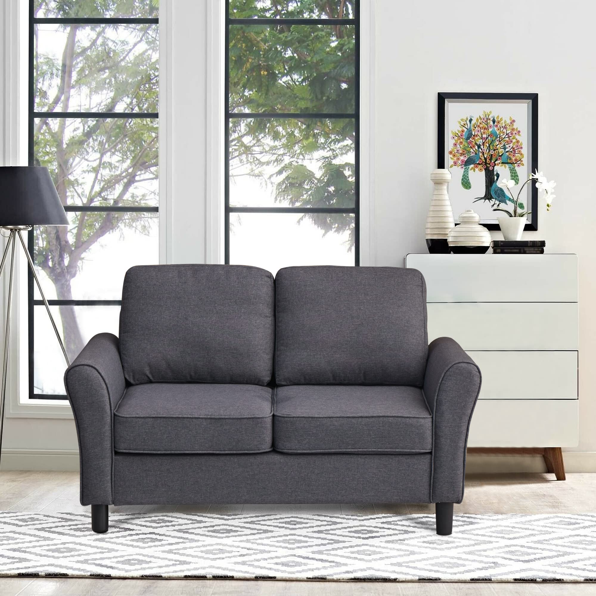 Modern Linen Loveseat Sofa - Comfortable Small Couch for Living Room, Office & Bedroom - Grey Fabric Upholstery | Perfect for Apartments, Reading Nooks & Cozy Spaces