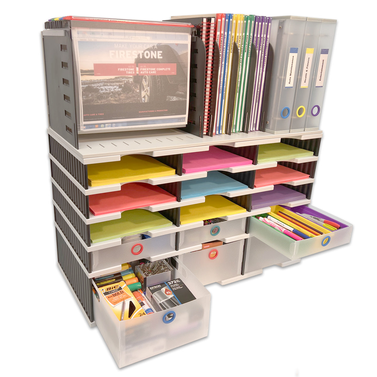 12-Slot Desktop Organizer with Riser Base & Hanging File | 3 Storage & 3 Supply Drawers | TierDrop™ Modular System for Documents, Files, Binders & Office Supplies | Perfect for Home Office, Workspace & School Organization