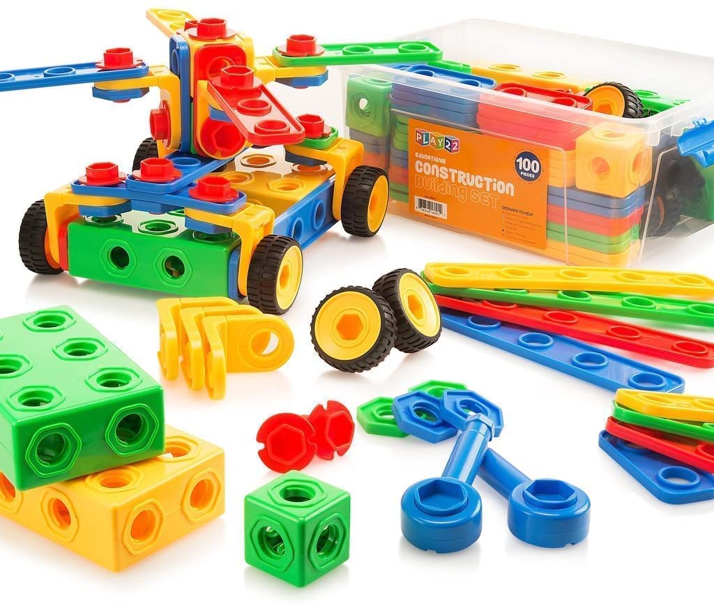 Play22 100-Piece STEM Building Blocks for Kids Ages 3-10 | Educational Construction Toy Set with Storage Box | Creative Learning Toys for Boys & Girls | Perfect for Classroom, Birthday Gifts & Indoor Playtime