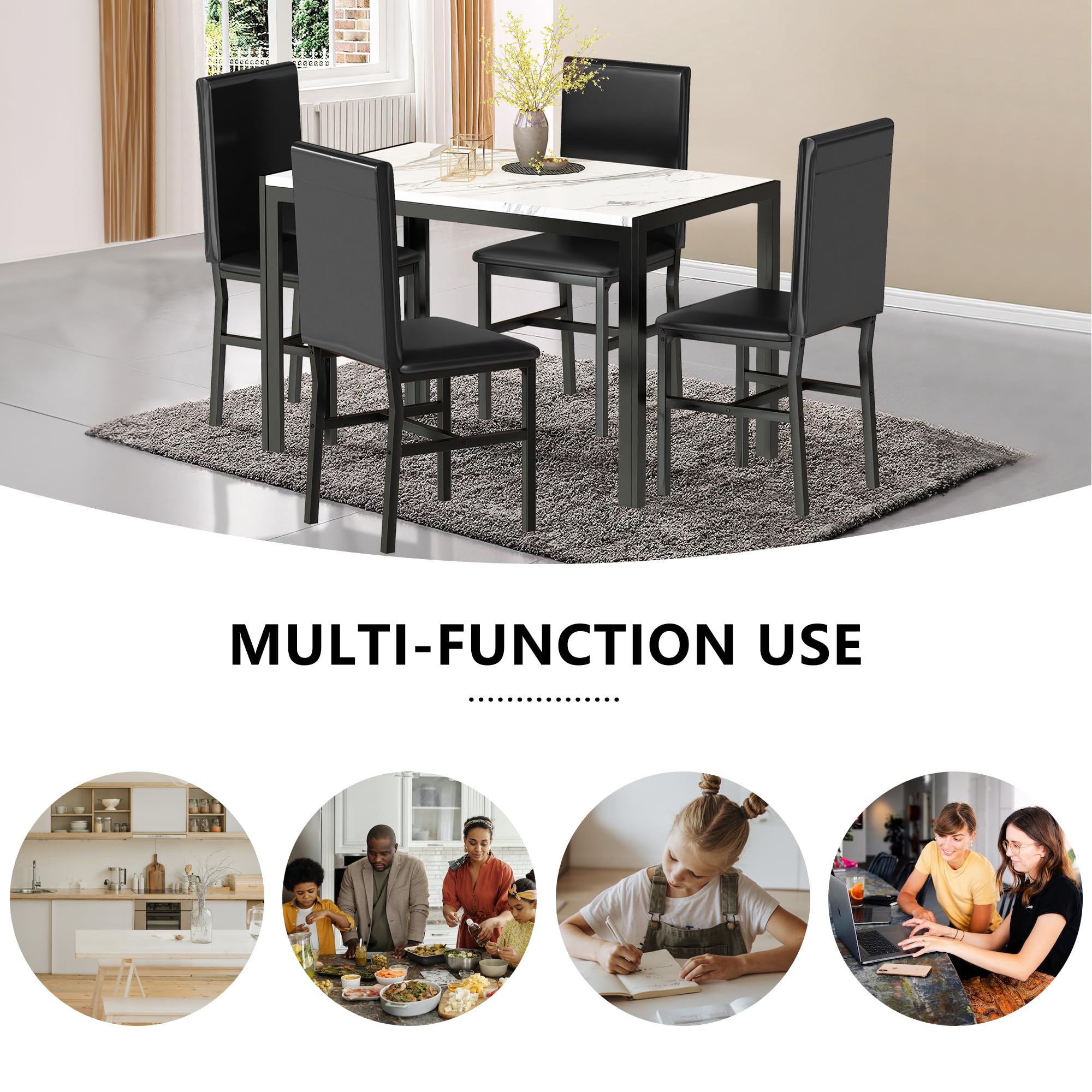 5-Piece Dining Table Set for 4 with Faux Marble Top & 4 Upholstered PU Leather Chairs - Perfect for Small Kitchens, Breakfast Nooks, and Cozy Dining Rooms