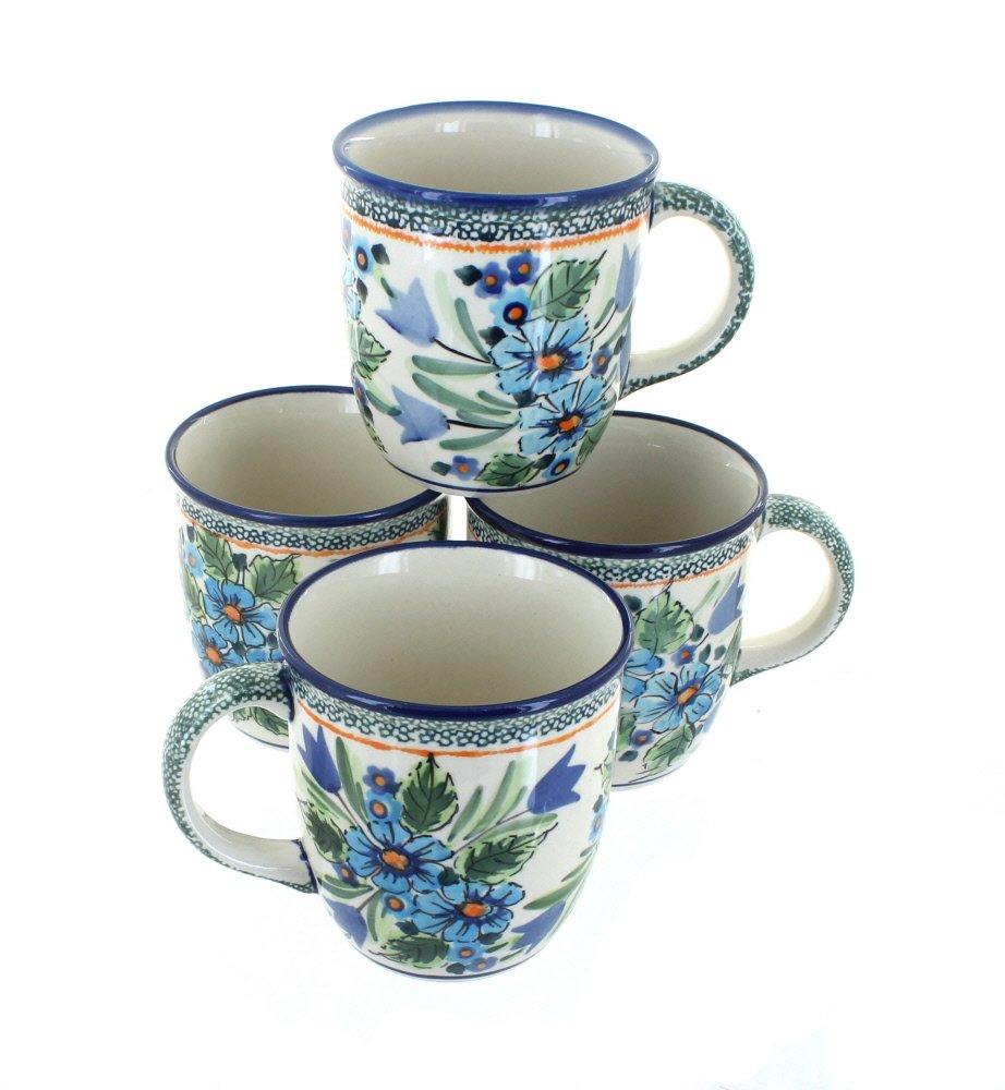 Blue Rose Polish Pottery Ballina 4-Piece Coffee Mug Set - Handcrafted Ceramic Tea Cups for Home, Office & Gifts