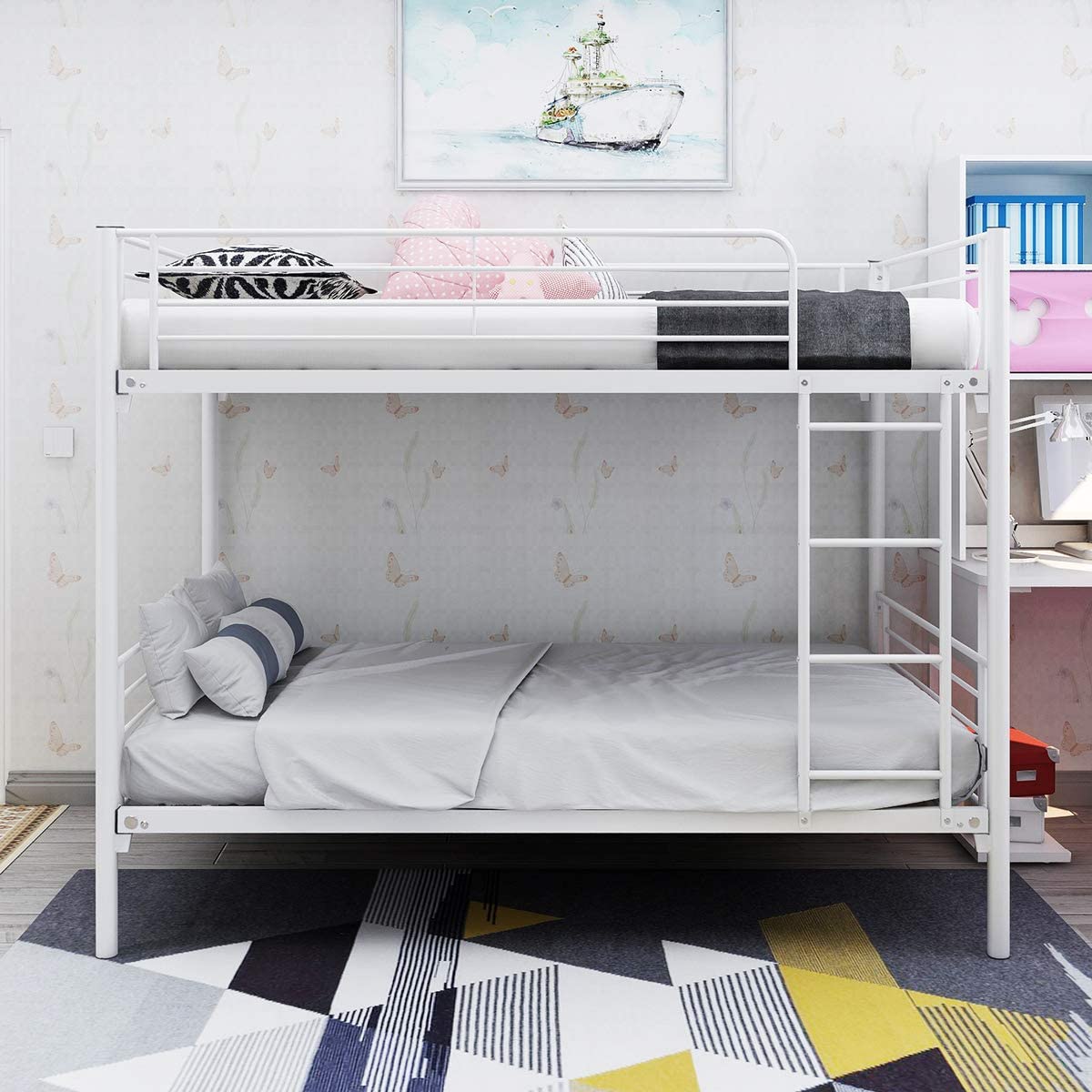 JURMERRY Twin Over Twin Bunk Bed Frame with Ladder - Heavy Duty Metal Bunk Bed for Kids & Teens - Sturdy White Space-Saving Bed for Small Rooms, Dorms & Guest Rooms