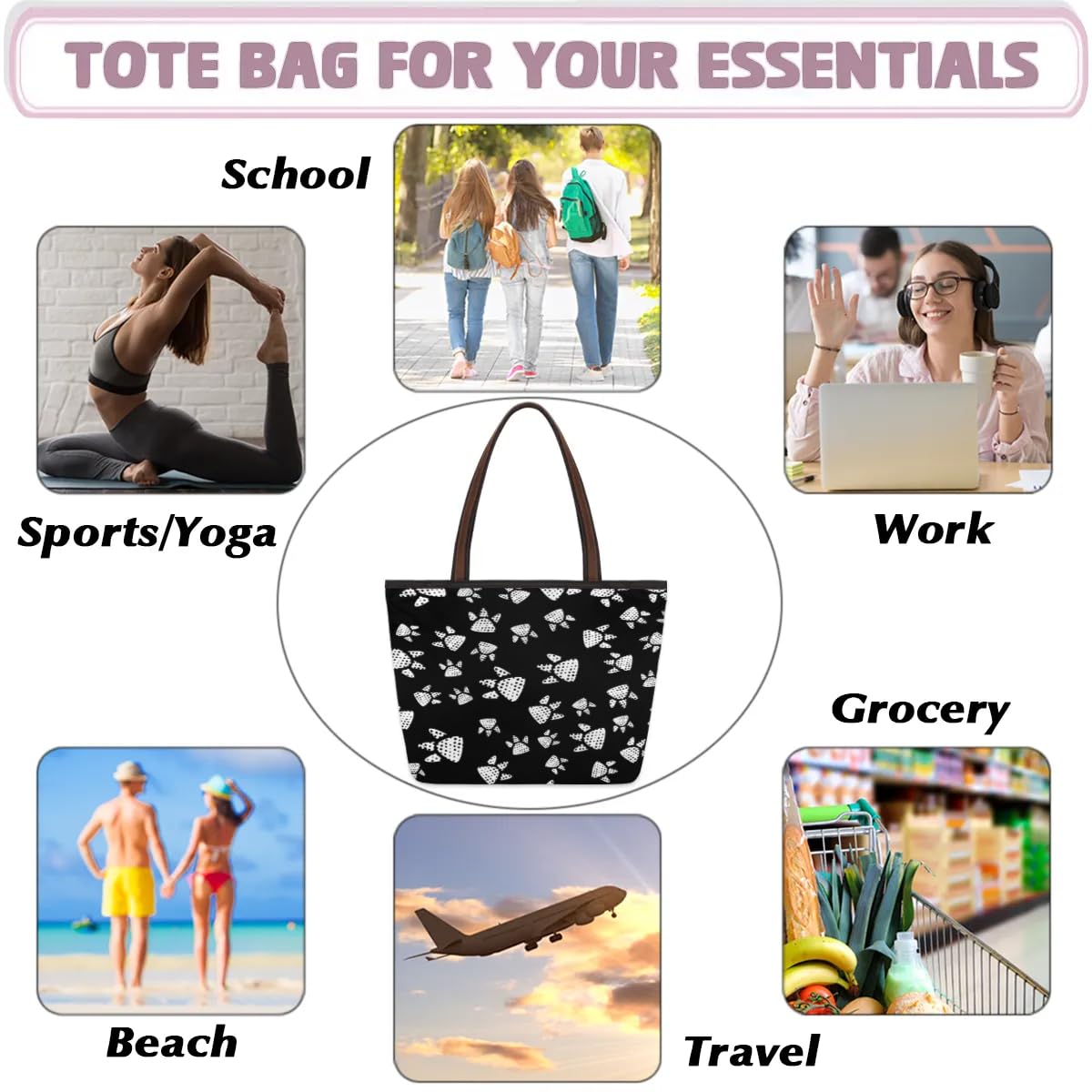 Dinosaur Paw Prints Tote Bag for Women - Stylish Zippered Handbag for Work, Shopping & Travel | Perfect Work Tote, Gym Bag & Everyday Carry-all