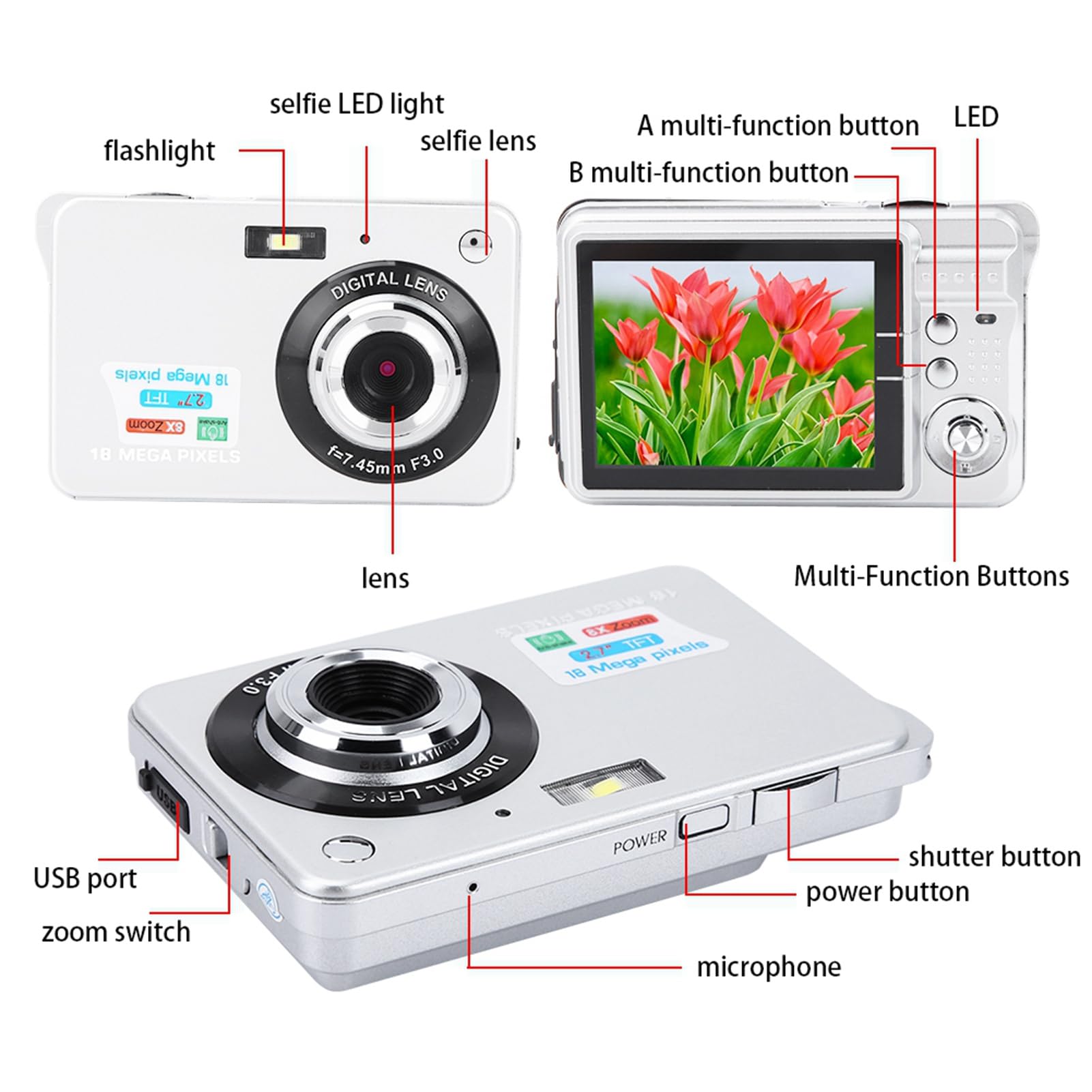 2.7 Inch Kids Digital Camera - HD Video Camcorder & Selfie Camera with Rechargeable Battery, Perfect Birthday Gift for Boys & Girls Ages 3-12 - Capture Family Moments, Travel Adventures & School Activities (Silver)
