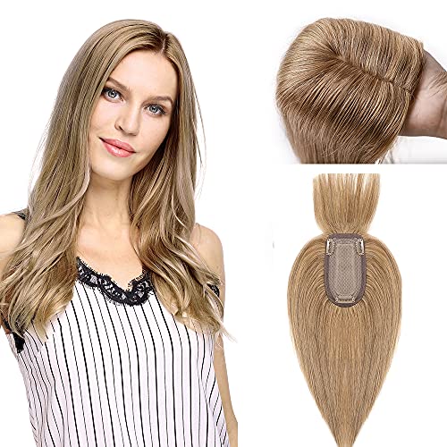 Premium MY-LADY Human Hair Toppers with Bangs for Women - 18 Inch Silk Base Clip-in Hairpiece (130% Density) - #27 Dark Blonde 53g - Ideal for Thinning Hair & Hair Loss - Perfect for Daily Wear, Special Occasions & Confidence Boosting