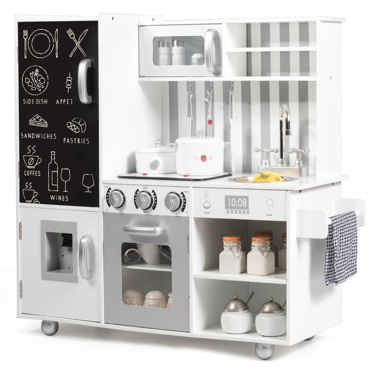 GLACER Wooden Play Kitchen Toy Set with Realistic Lights & Sounds - Kids Pretend Cooking Playset with Chalkboard, Water Dispenser, Stove, Fringe, Pots & Pans - Educational Gift for Toddlers Age 3+ Boys & Girls - Perfect for Pretend Play, Role Play & Early Learning Activities