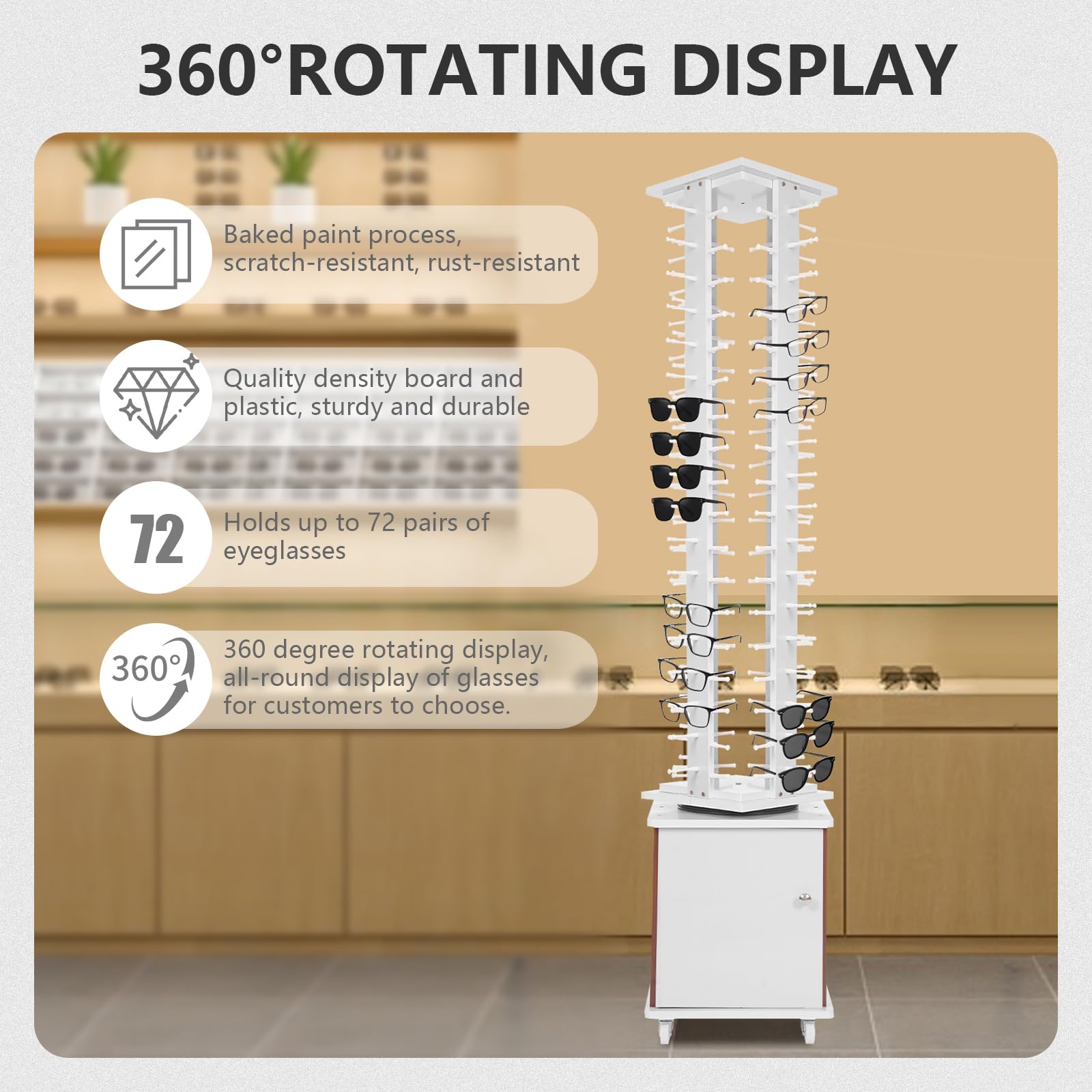 72 Pairs Sunglass Display Stand - 360° Rotating Glasses Holder Rack with Rolling Storage Cabinet - Freestanding Sunglasses Organizer for Retail Stores, Boutiques & Eyewear Shops (White) - Perfect for Eyewear Display, Organization & Customer Browsing