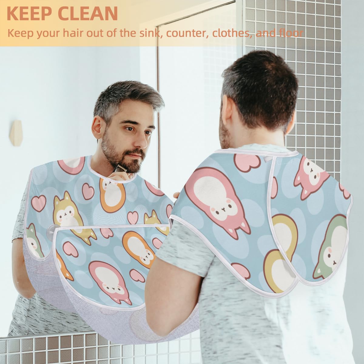 Cute Fox Love Heart Beard Bib Hair Catcher for Men - Non-Stick Shaving Apron with Suction Cups - Perfect Grooming Cloth for Husband & Dad - Ideal for Barbershops, Home Shaving & Birthday Gifts