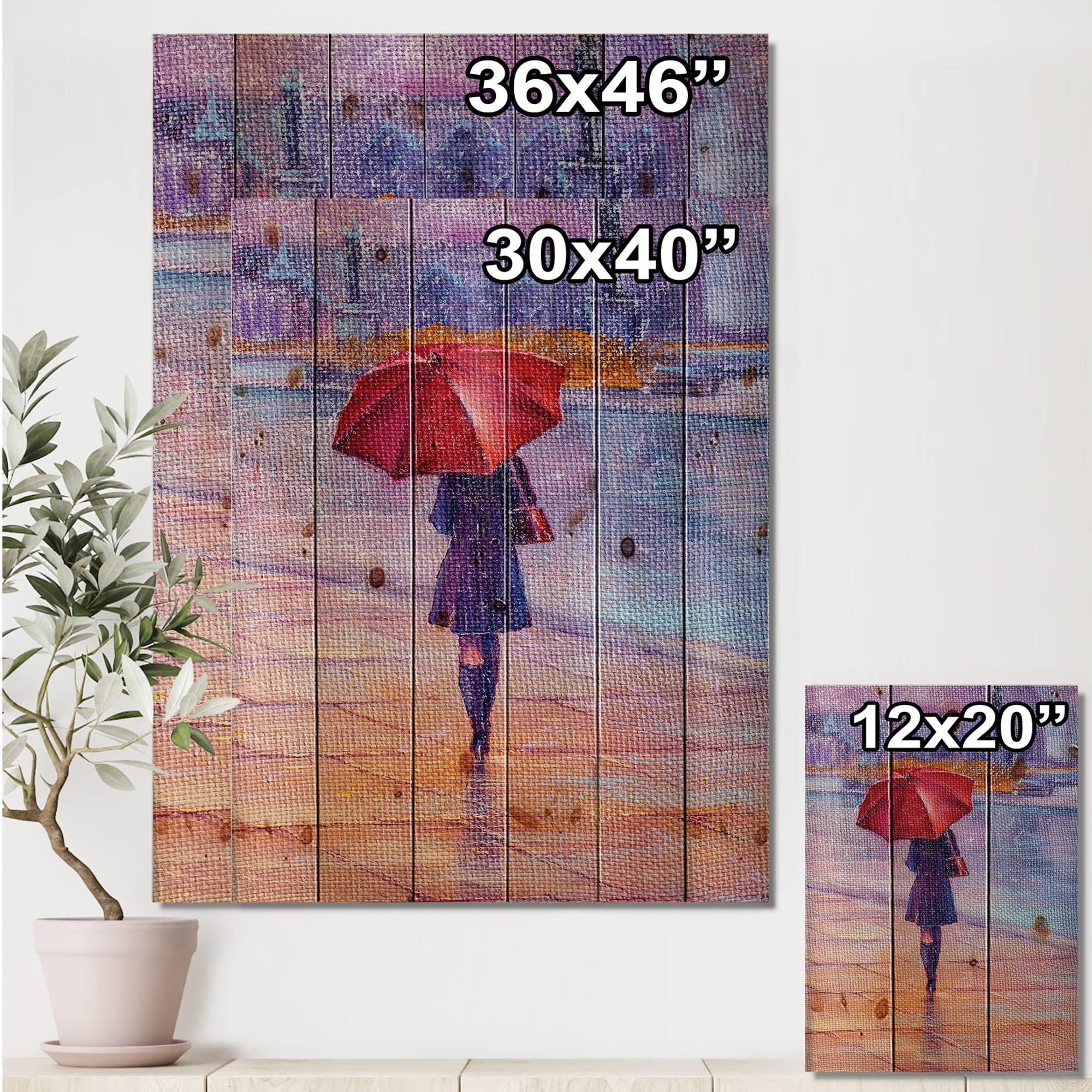 French Country Red Umbrella Wall Art - Rain Scene on Pine Wood for Home Decor