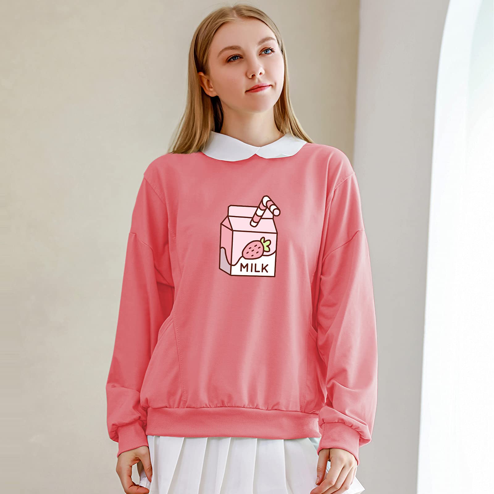 KEEVICI Women's Cute Pink Strawberry Milk Graphic Sweatshirt - Kawaii Y2K Fashion Drop Shoulder Pullover with Pockets for Teen Girls | Casual Outfit, Streetwear, Instagram Fashion