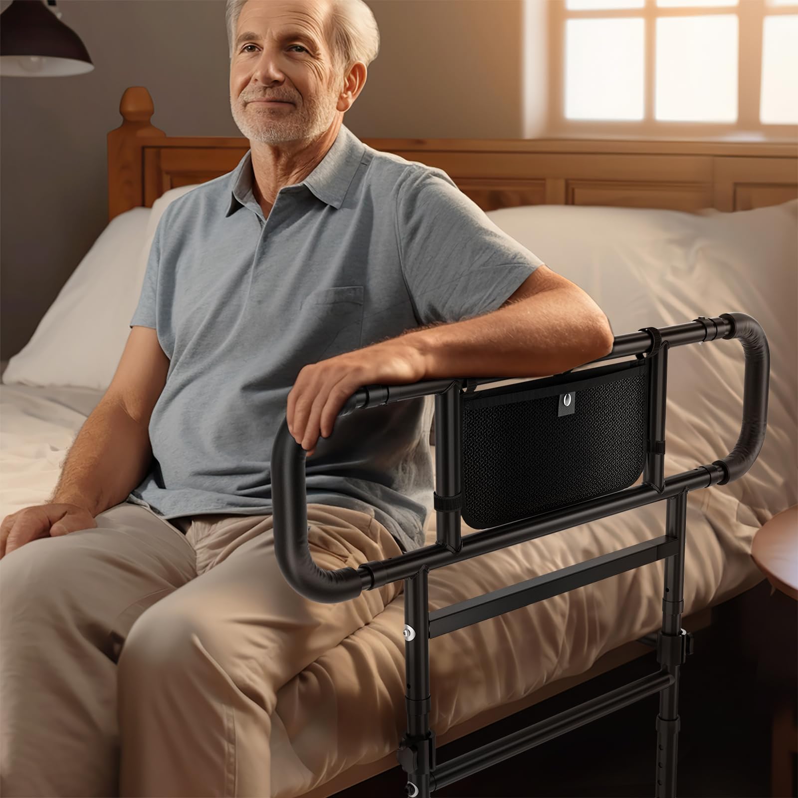 FORTEMOTUS Heavy Duty Bed Rails for Elderly Adults - Foldable Safety Bed Assist Rails with Extendable Guard Rails, Adjustable Height, Storage Pocket & Safety Belt (Supports 450lbs) - Ideal for Senior Home Care & Fall Prevention
