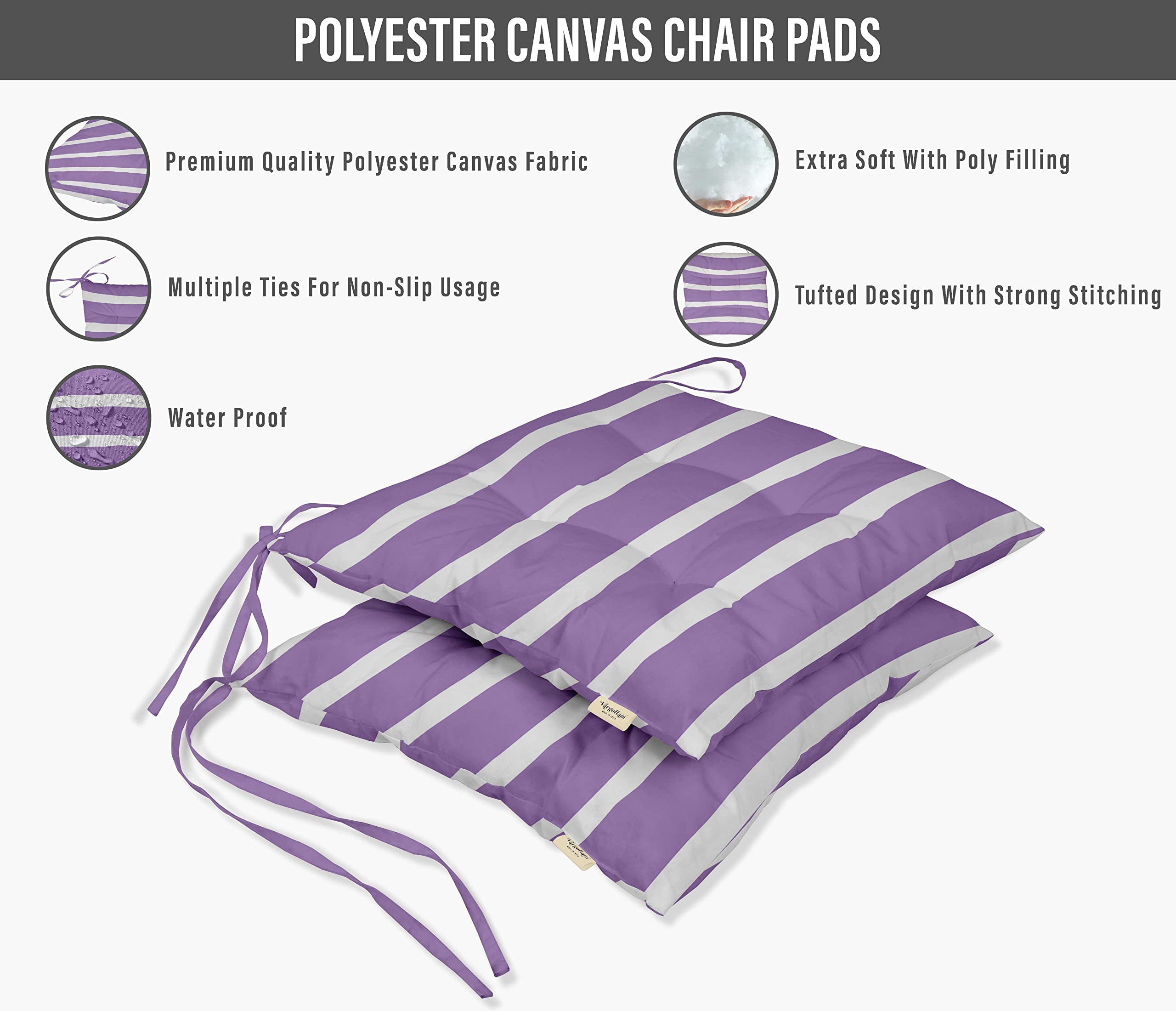 Waterproof 19-Inch Purple Striped Tufted Square Patio Cushion Set of 2 - Indoor/Outdoor Furniture Seat Cushions for Garden, Deck, Poolside & Balcony Use