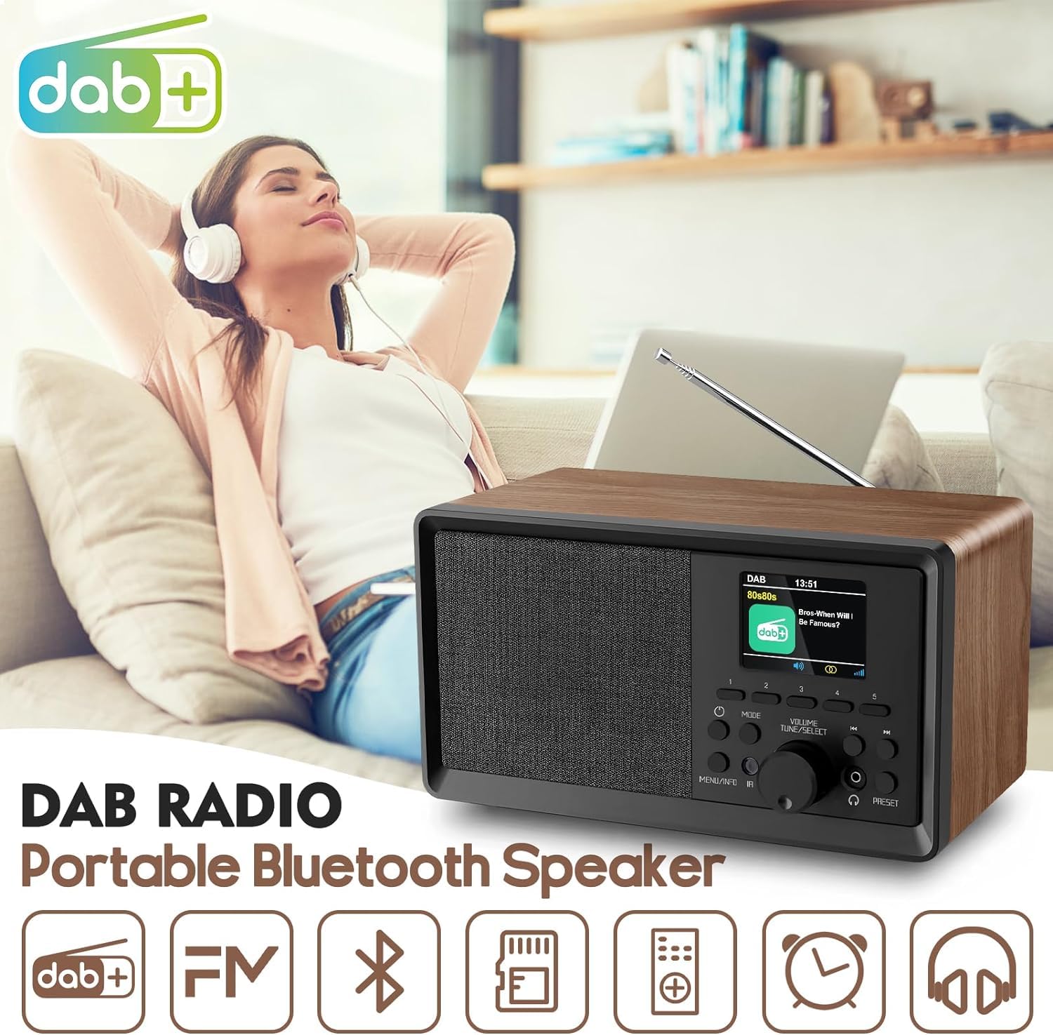 Vintage DAB DAB+ FM Digital Radio with Bluetooth - Portable Retro Wireless Speaker with Dual Alarm Clock, USB/AUX Input, Headphone Jack, Sleep Timer, Remote Control & 30 Presets | Perfect for Bedroom, Kitchen, Office and Travel Use